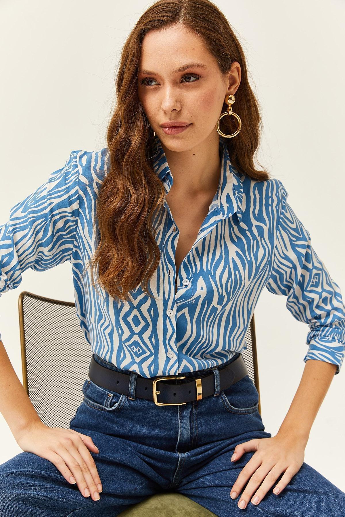 Blue Zebra Patterned Viscose Shirt, , large image number 3