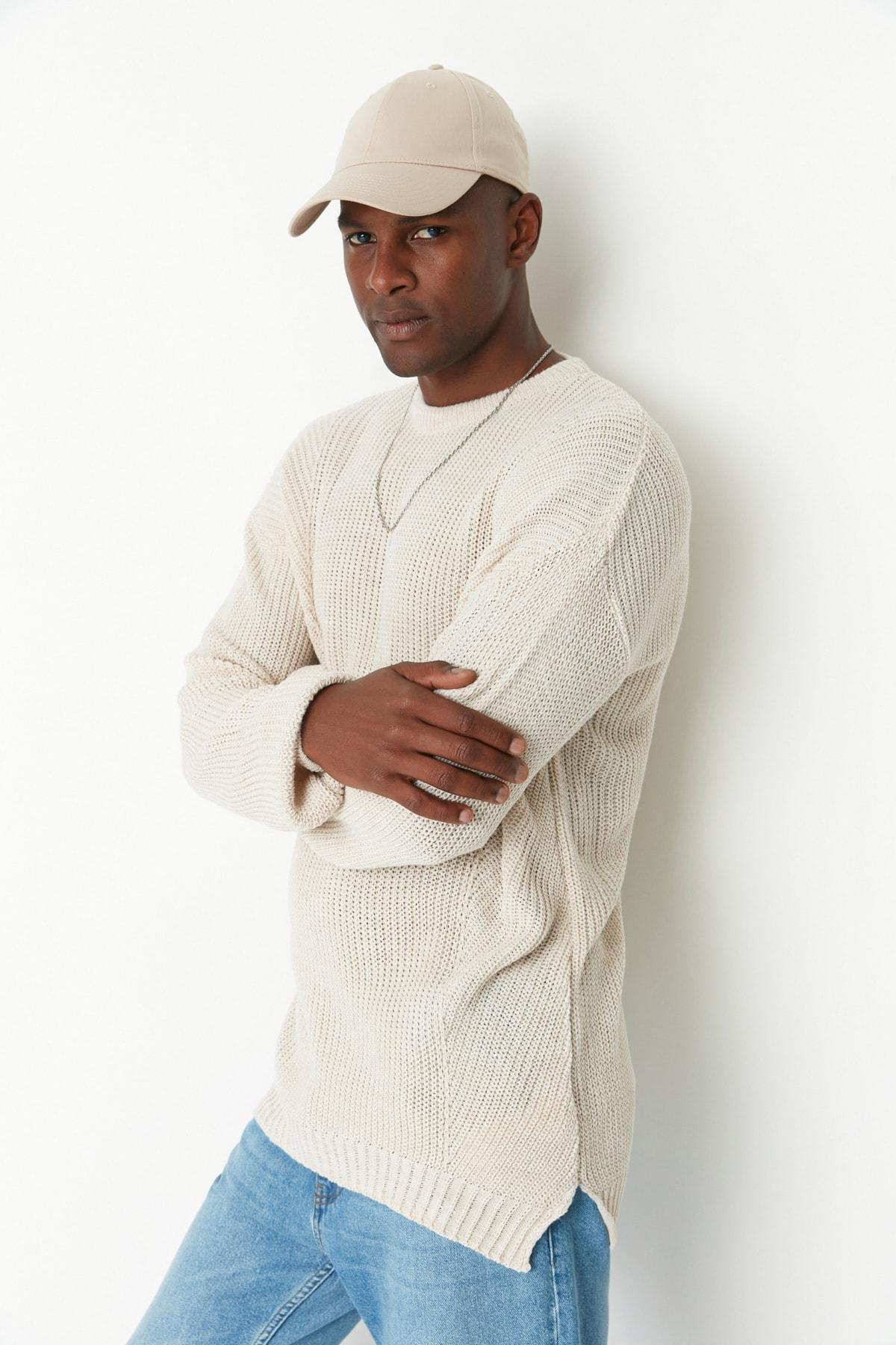 Beige Oversize Crew Neck Sweater, , large image number 0