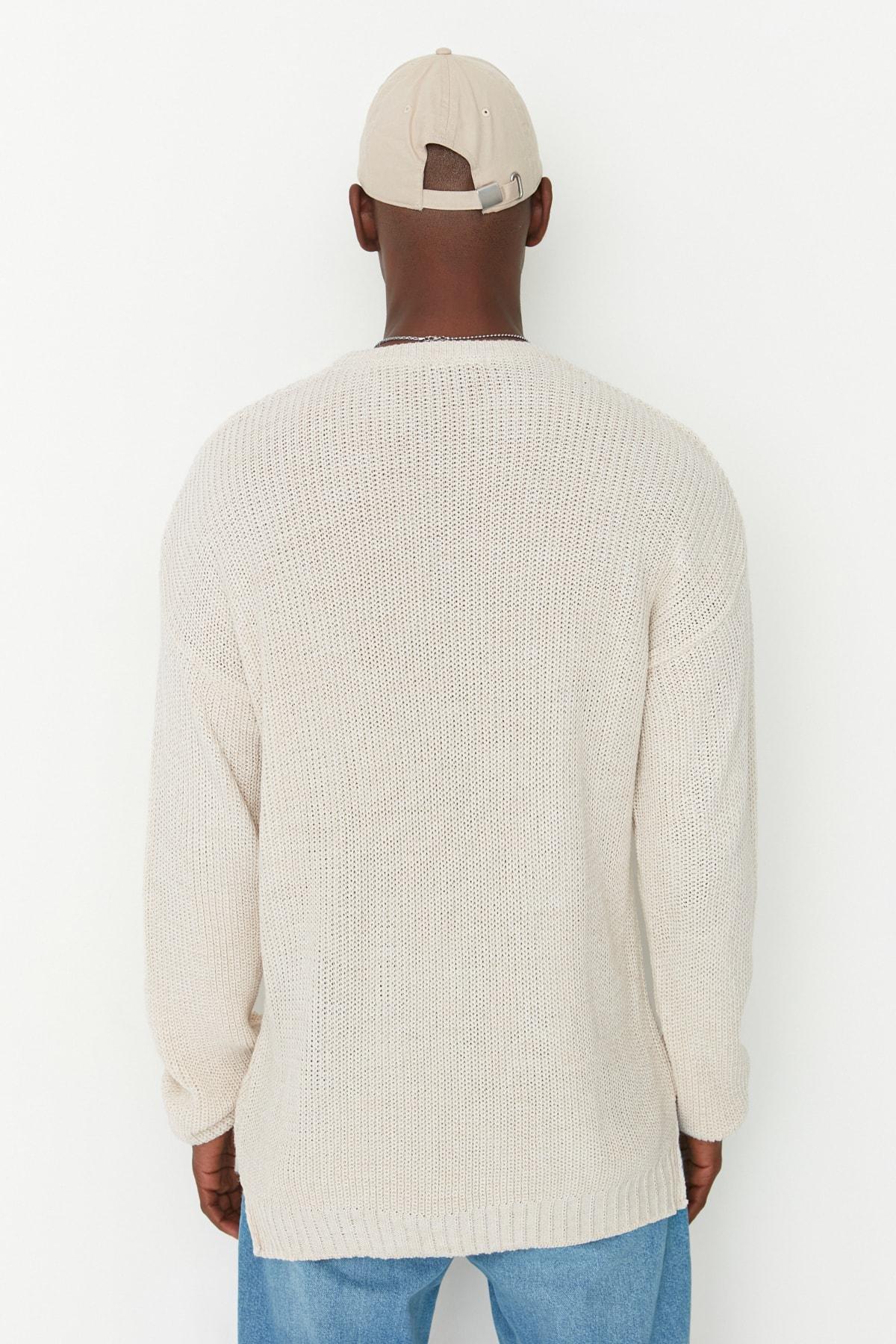 Beige Oversize Crew Neck Sweater, , large image number 4