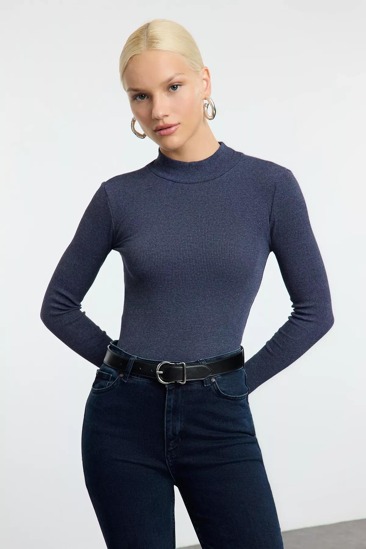 Blue Ribbed Knit Blouse, Indigo, medium