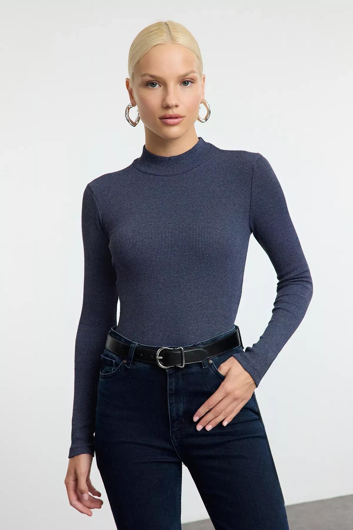 Blue Ribbed Knit Blouse, Indigo, large image number 1