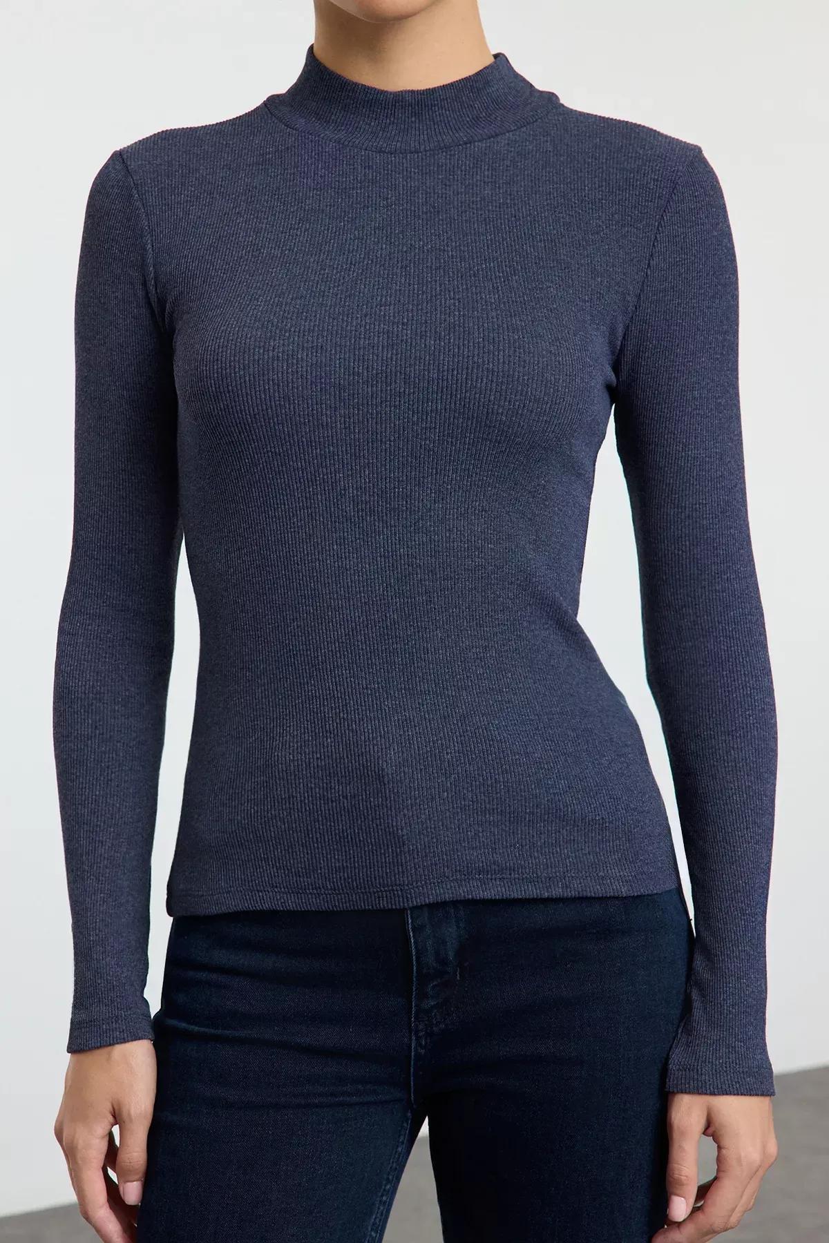 Blue Ribbed Knit Blouse, Indigo, medium