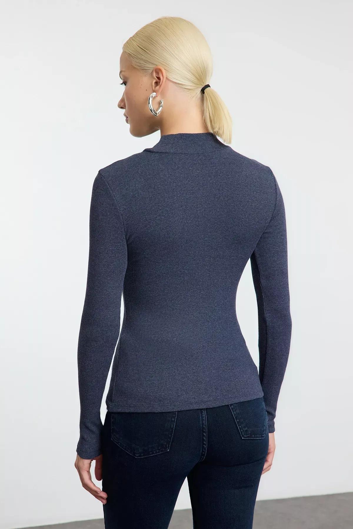 Blue Ribbed Knit Blouse, Indigo, large image number 4