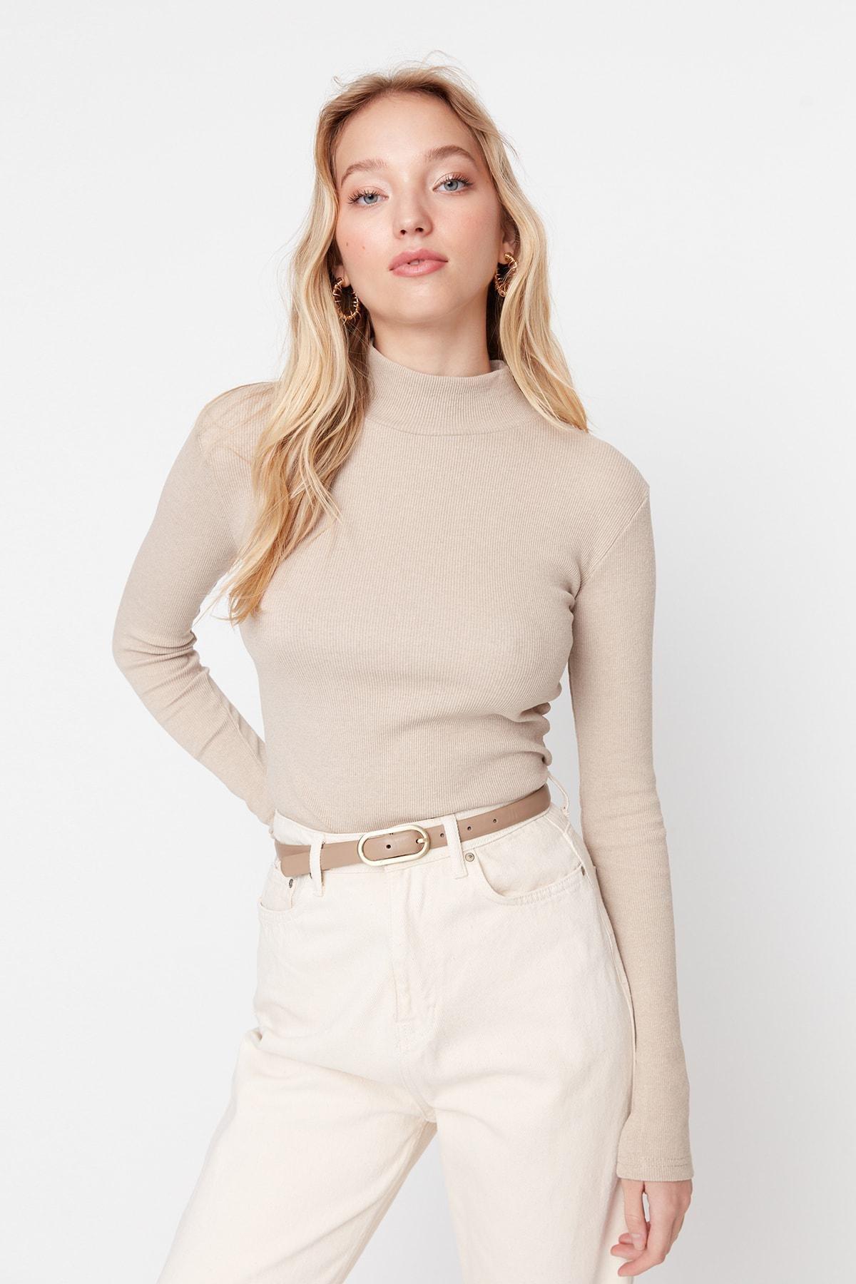 Beige Turtleneck Ribbed Blouse, Beige, medium