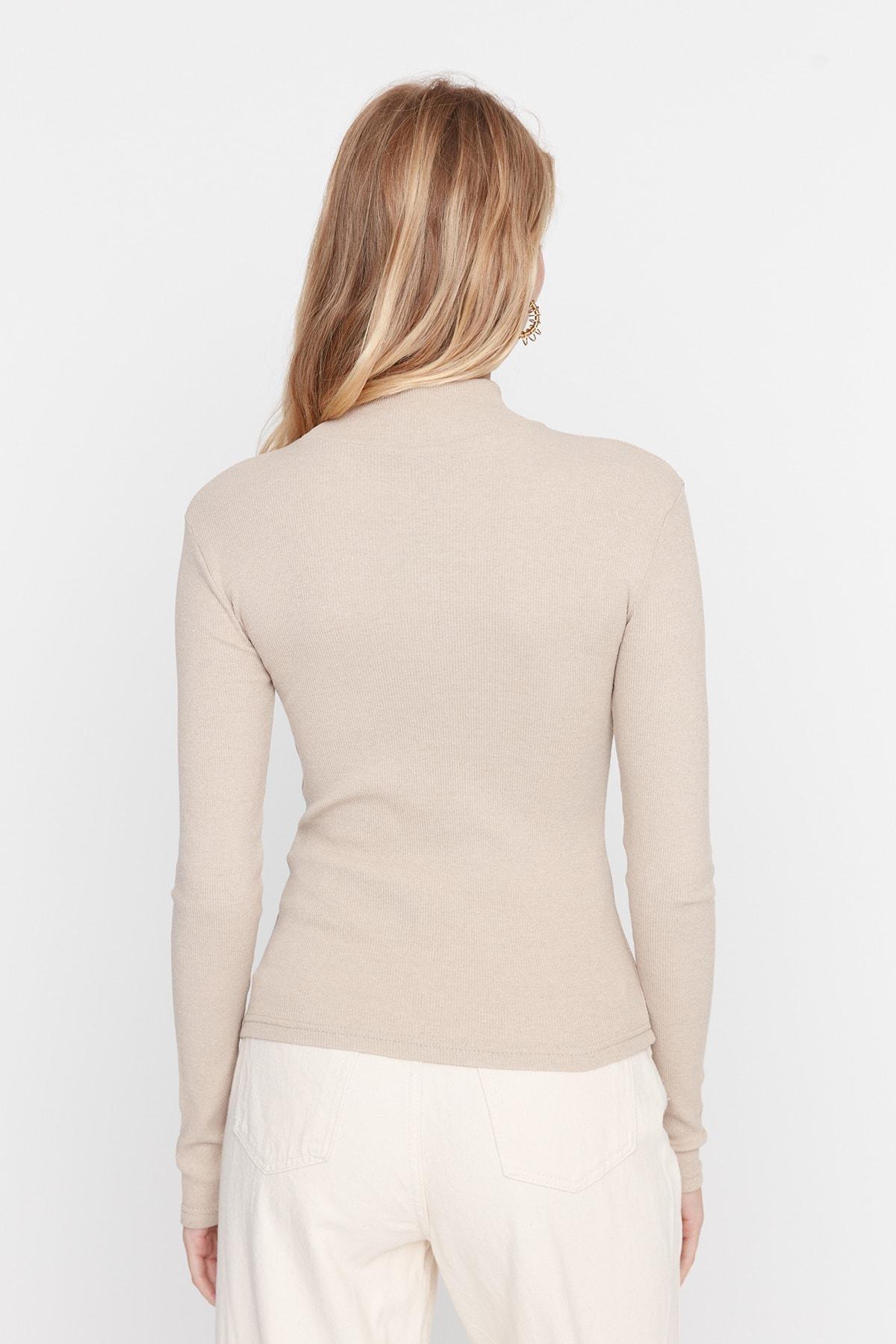 Beige Turtleneck Ribbed Blouse, Beige, large image number 3