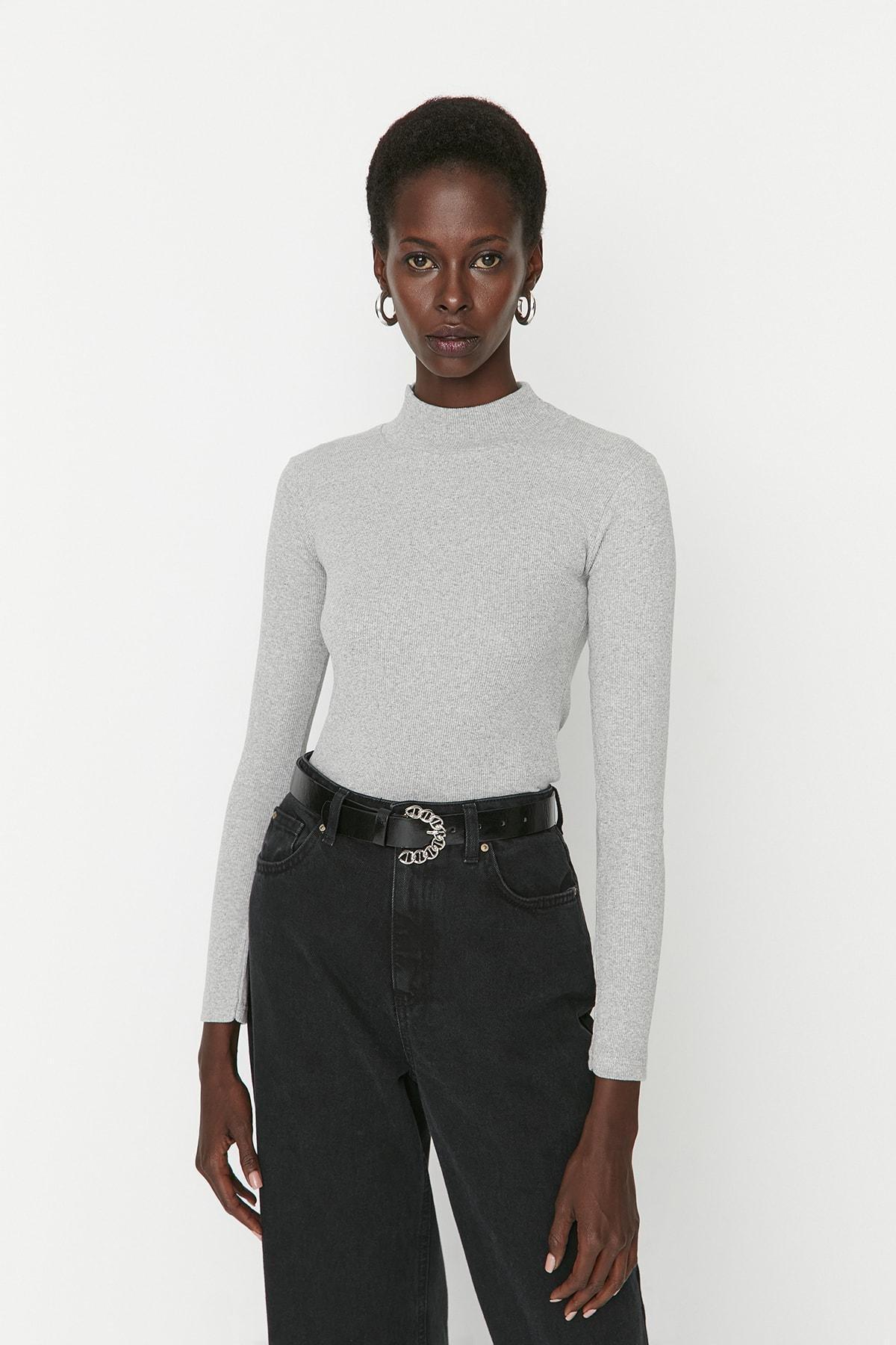 Grey Turtleneck Ribbed Blouse, Gray, medium