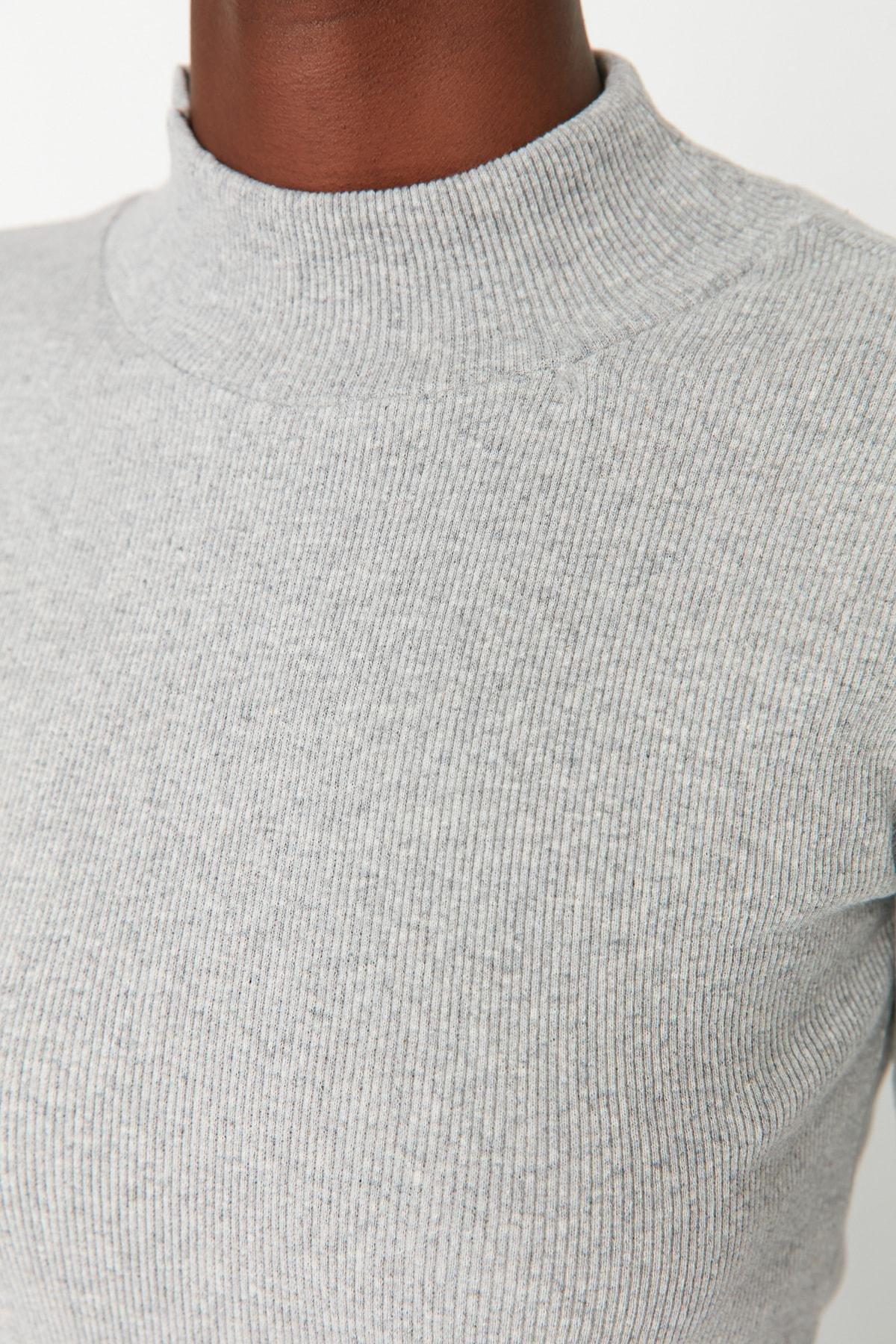 Grey Turtleneck Ribbed Blouse, Gray, large image number 3