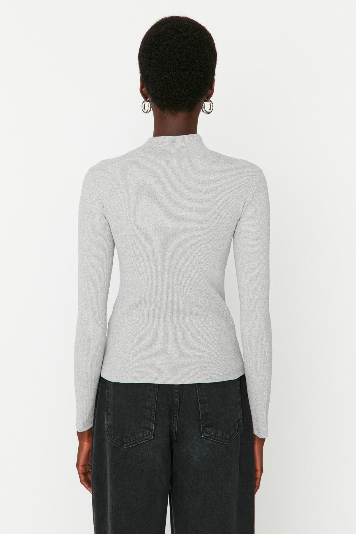 Grey Turtleneck Ribbed Blouse, , large image number 4