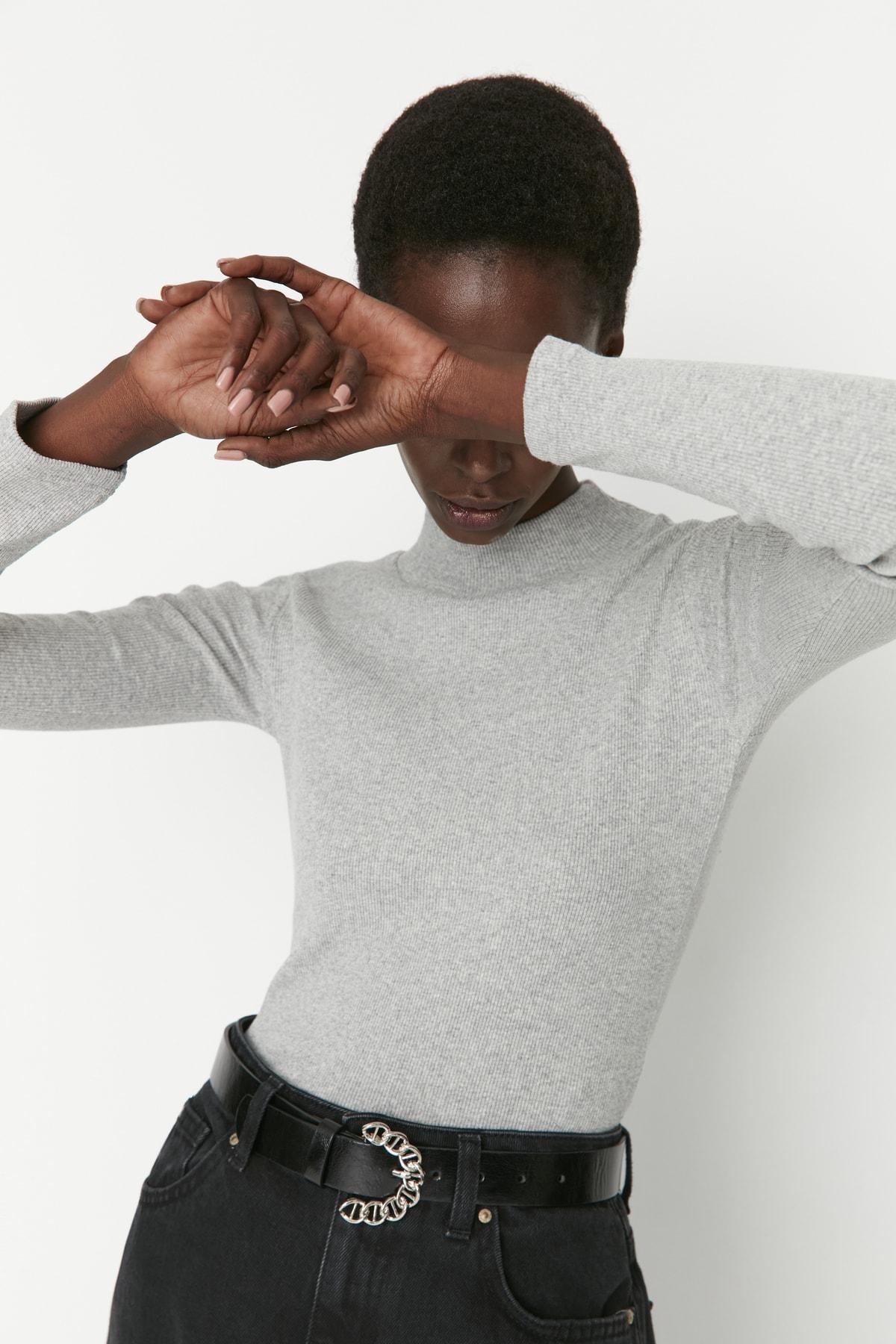 Grey Turtleneck Ribbed Blouse, Gray, large image number 5