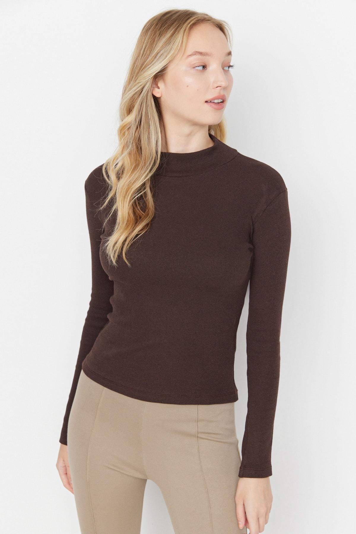 Brown Standing Collar Blouse, Brown, large image number 3
