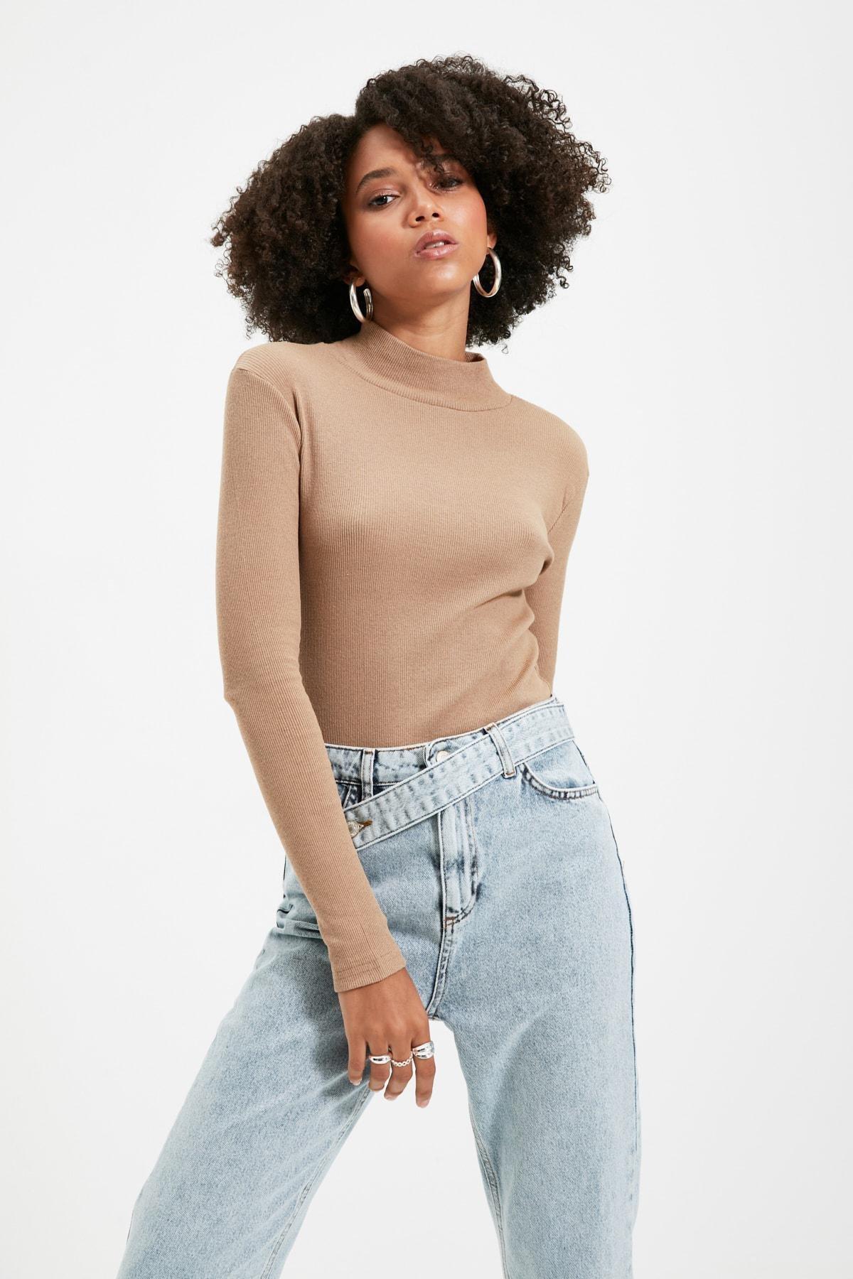 Brown Standing Collar Blouse, Brown, large image number 4