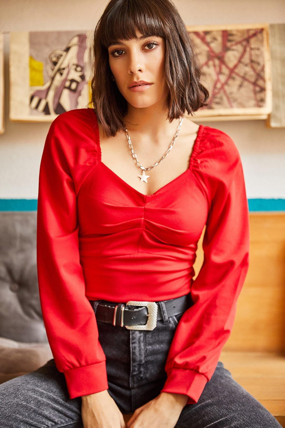 Red Puffed Balloon Sleeve Blouse, , large image number 0