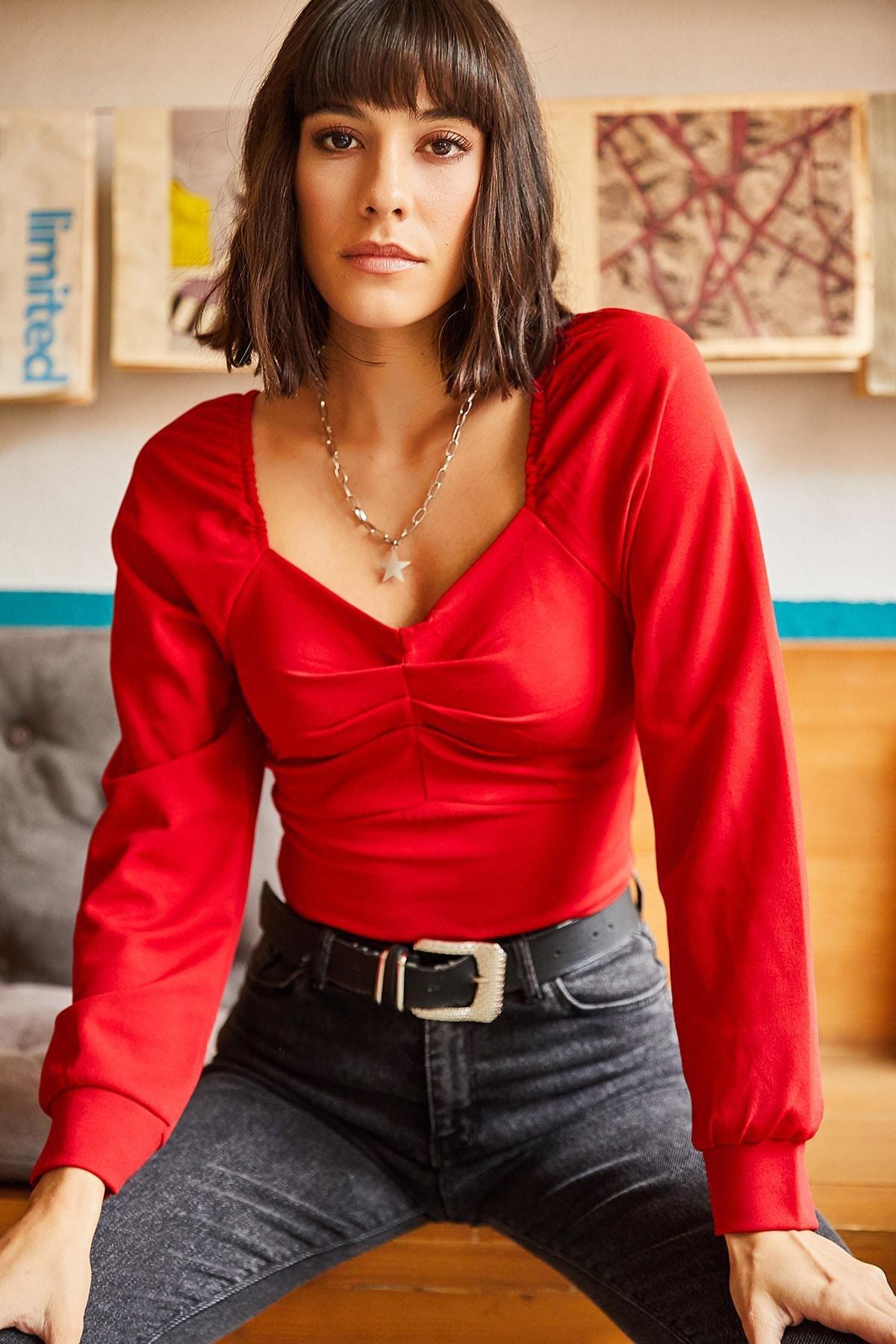 Red Puffed Balloon Sleeve Blouse, , large image number 1