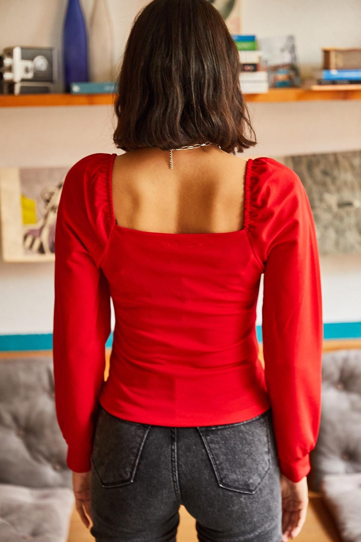 Red Puffed Balloon Sleeve Blouse, , large image number 3