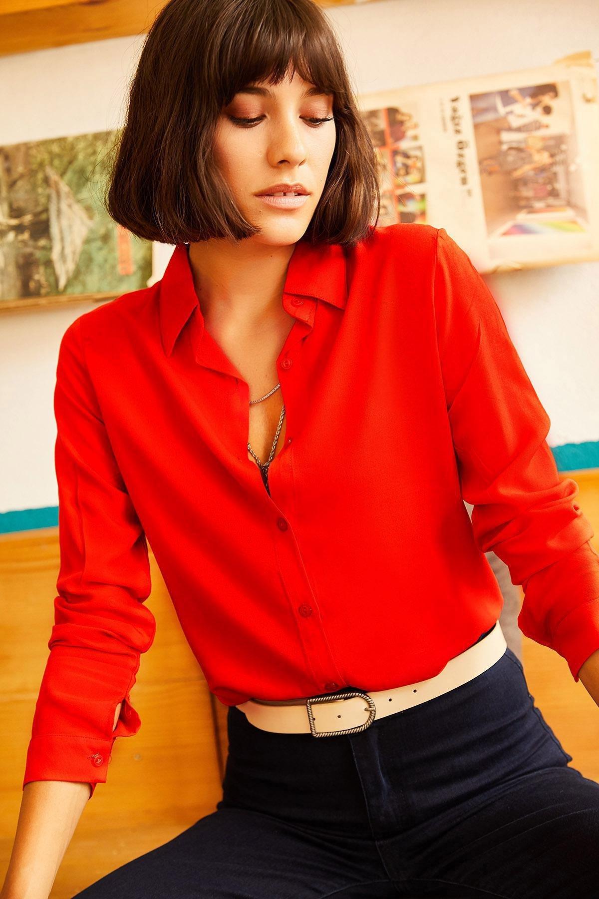 Red Plain Button Down Shirt, , large image number 1
