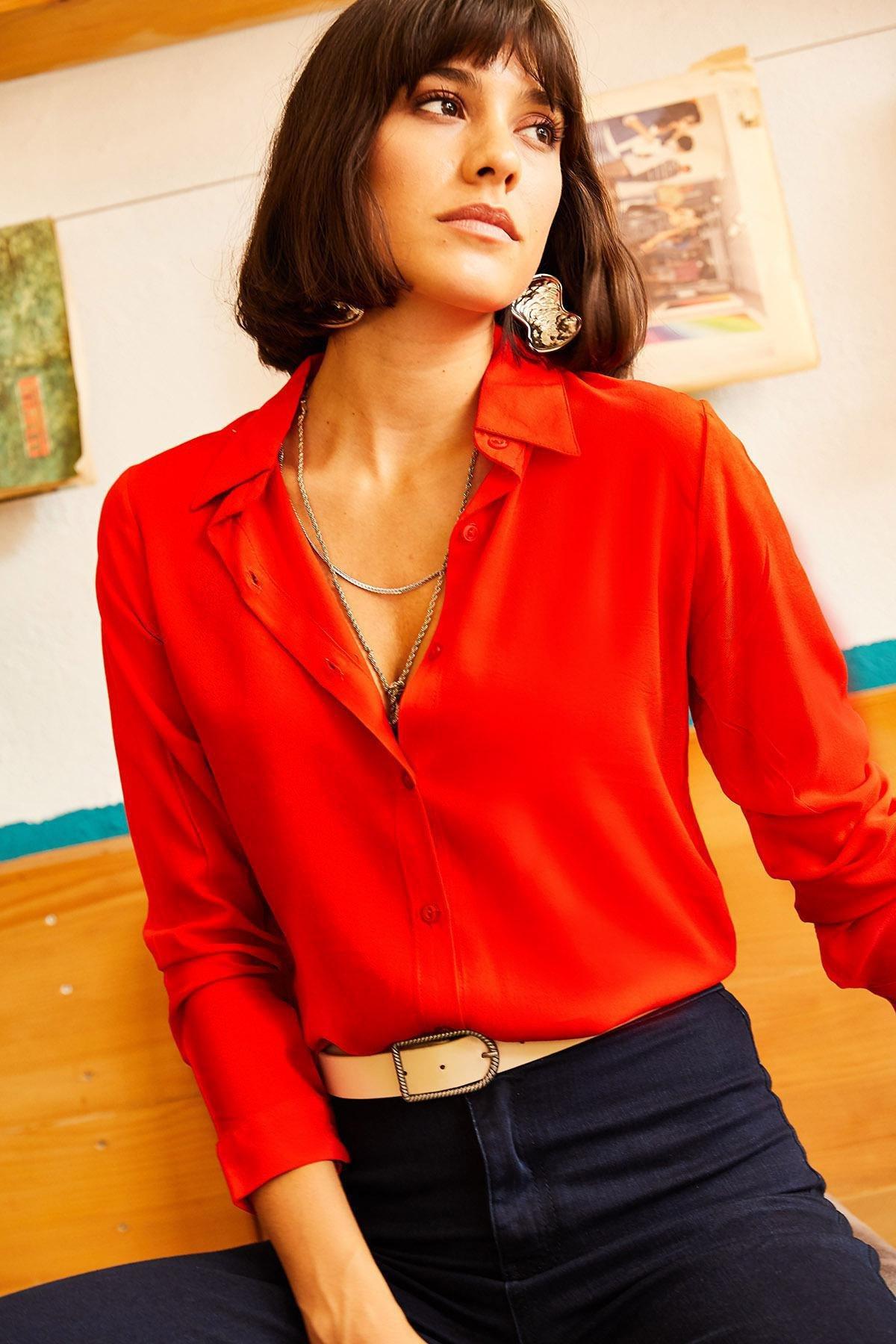 Red Plain Button Down Shirt, , large image number 9
