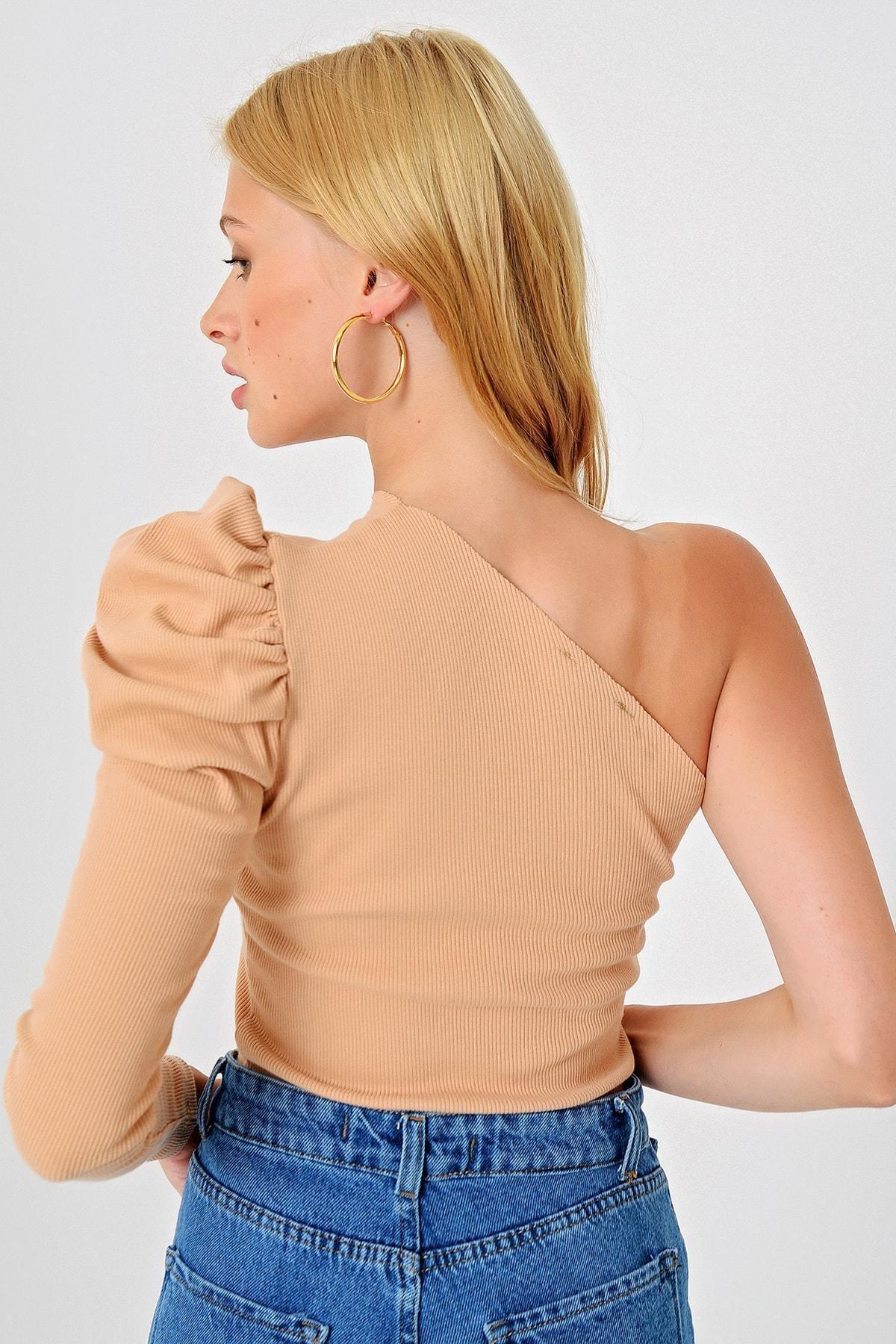 Beige One-Shoulder Blouse, Beige, large image number 2