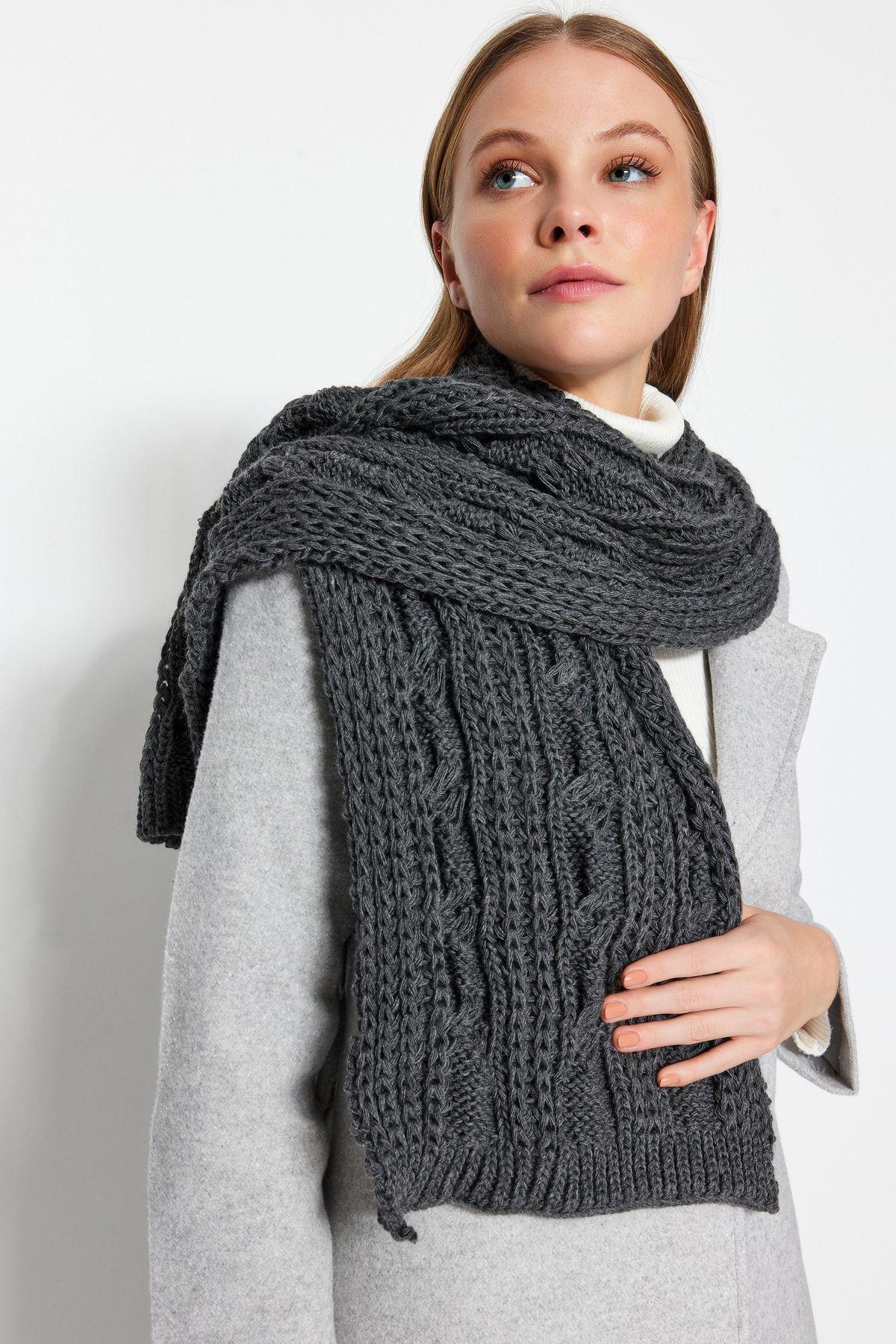 Grey knit detailed scarf, Anthracite, large image number 0