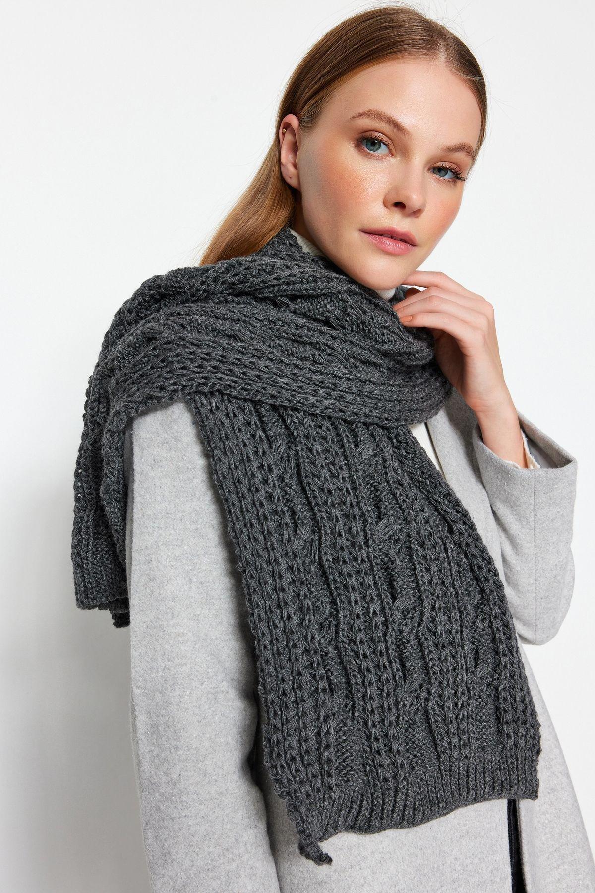 Grey knit detailed scarf, Anthracite, large image number 1