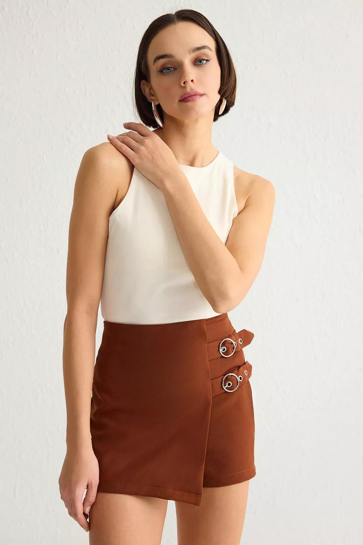 Brown Belted Woven Skirt, Dark brown, medium
