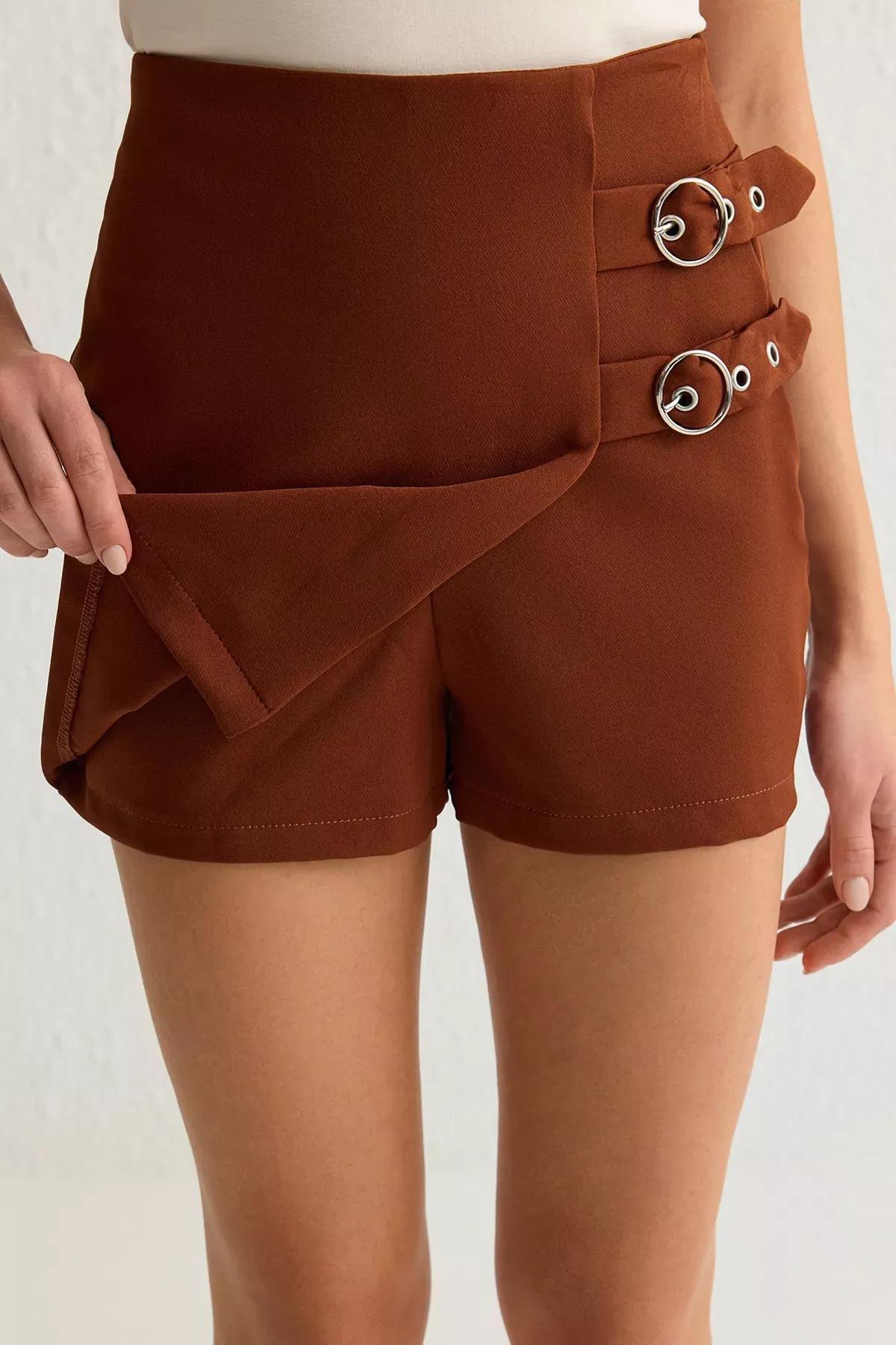 Brown Belted Woven Skirt, Dark brown, large image number 3