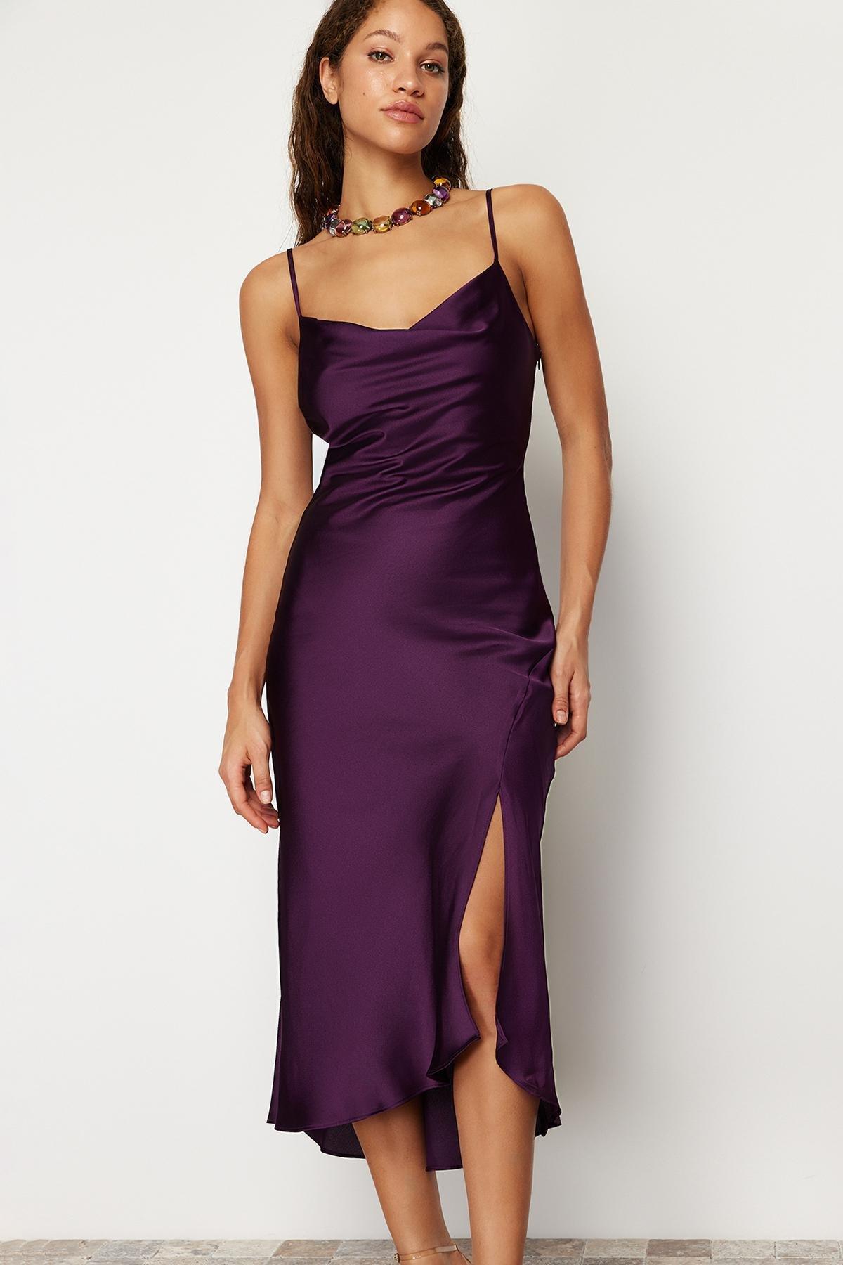 Purple Lined Satin Occasion Wear Dress, , large image number 2