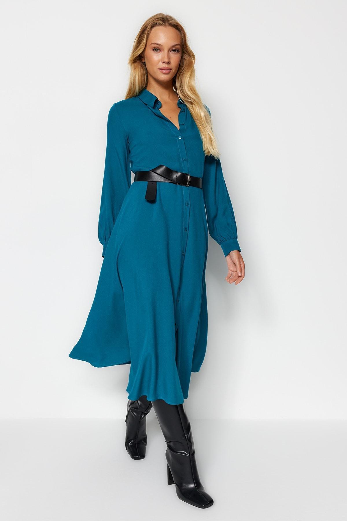 Petrol belted shirt Dress, Oil, large image number 1