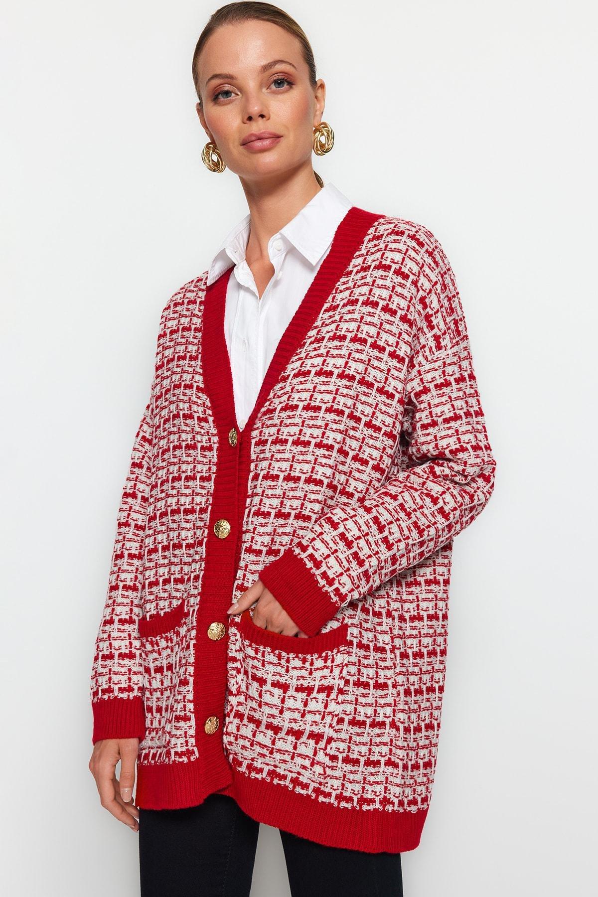 Red Textured Oversize Cardigan, , large image number 0