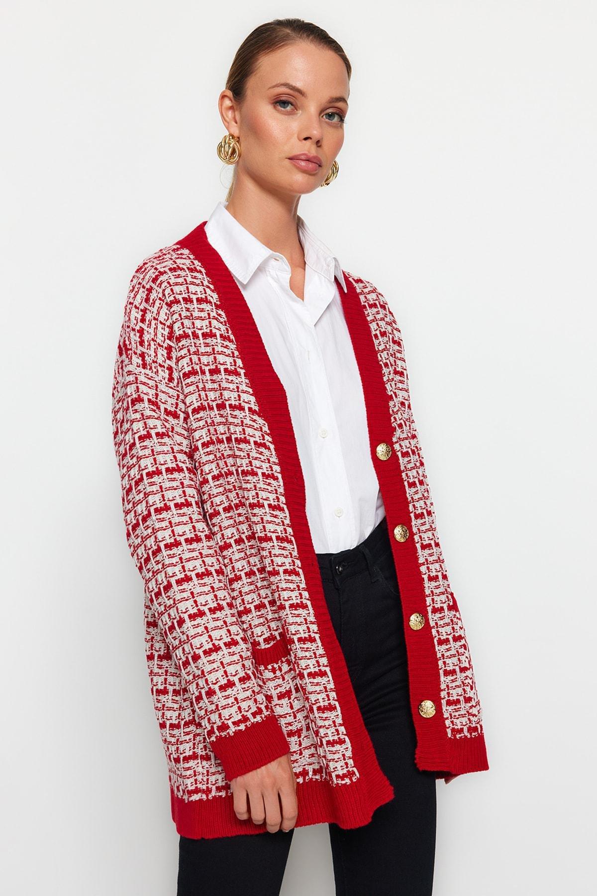 Red Textured Oversize Cardigan, , large image number 1