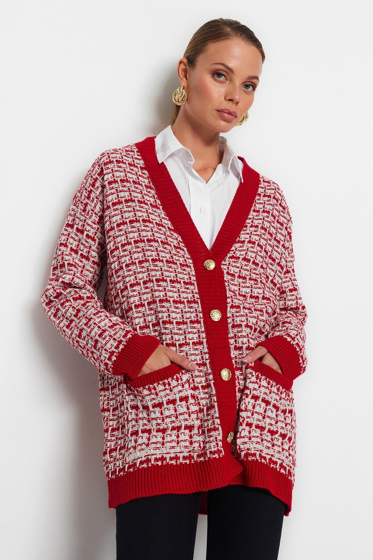 Red Textured Oversize Cardigan, , large image number 2