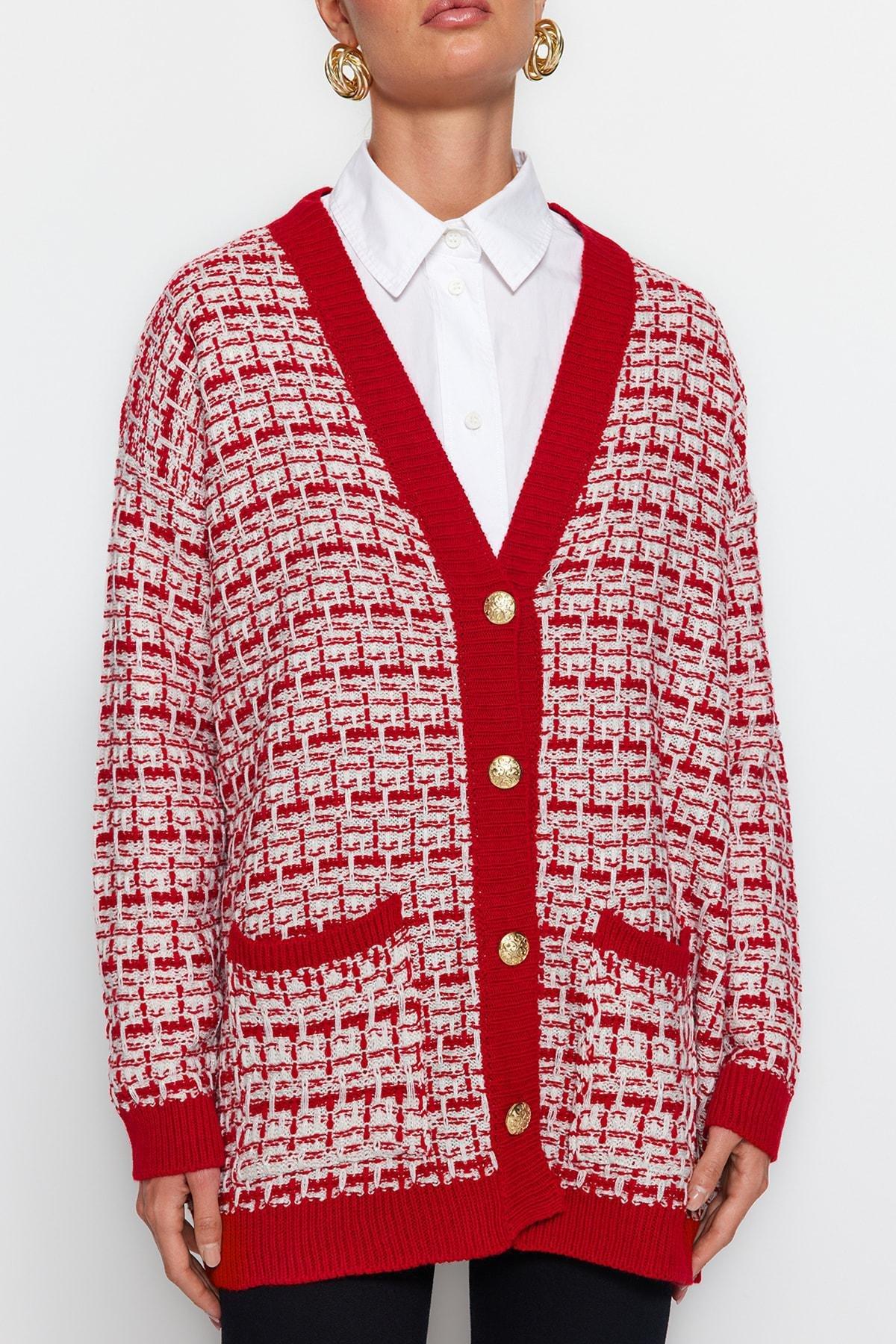 Red Textured Oversize Cardigan, , large image number 5