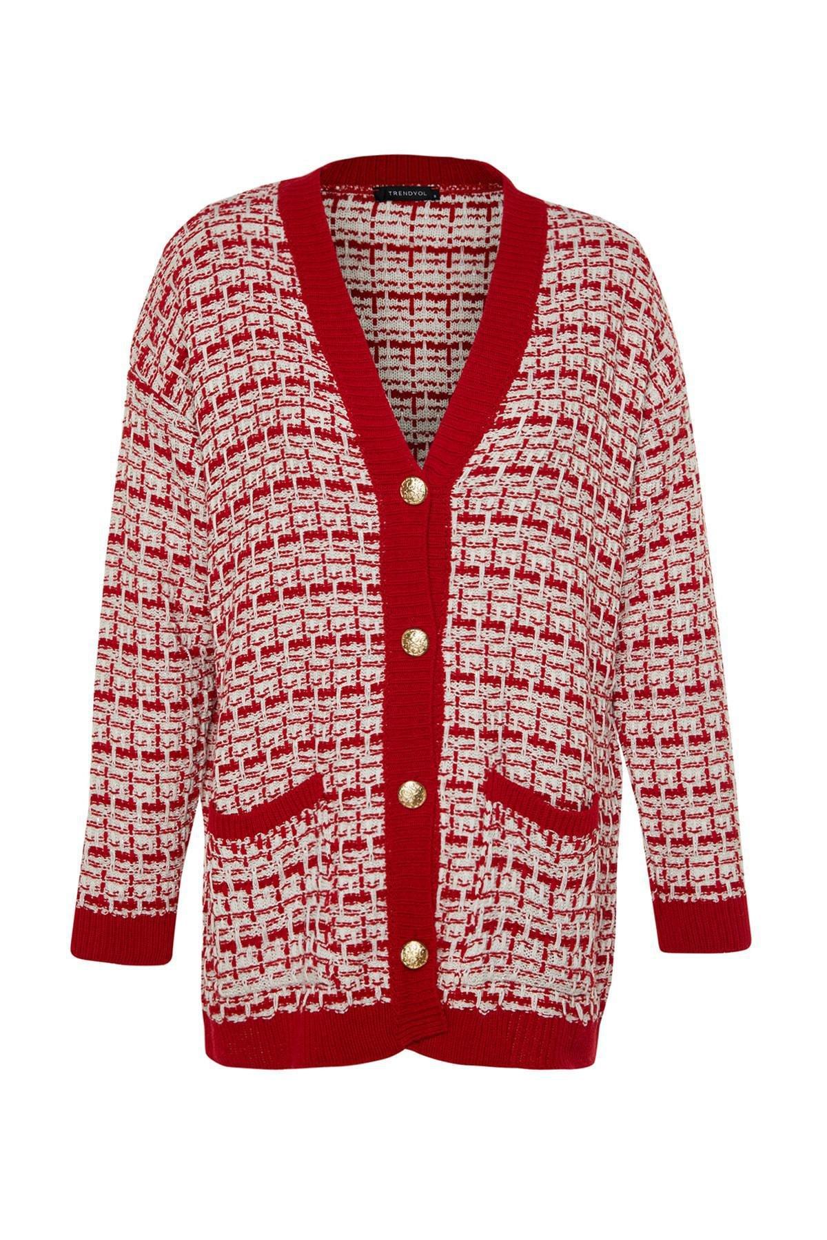 Red Textured Oversize Cardigan, , large image number 6