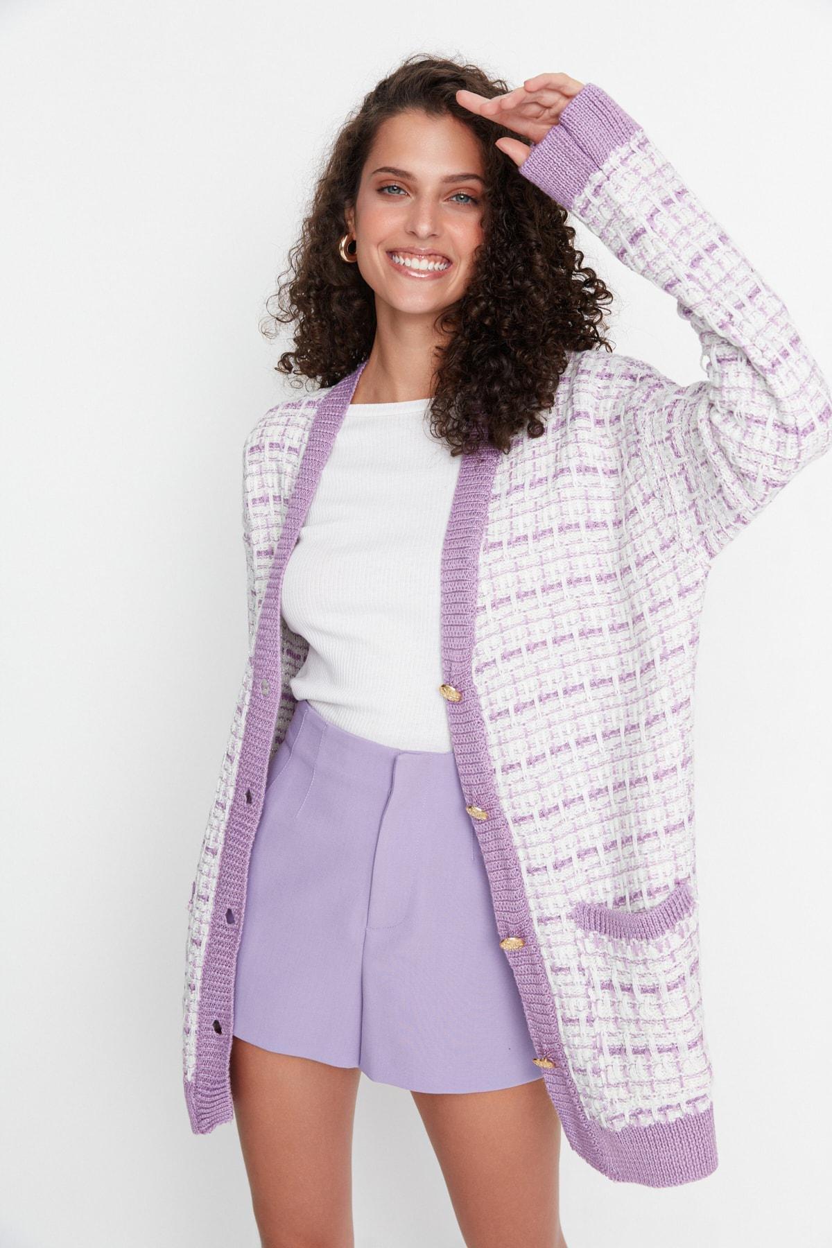 Purple Oversize V Neck Cardigan, Purple, medium