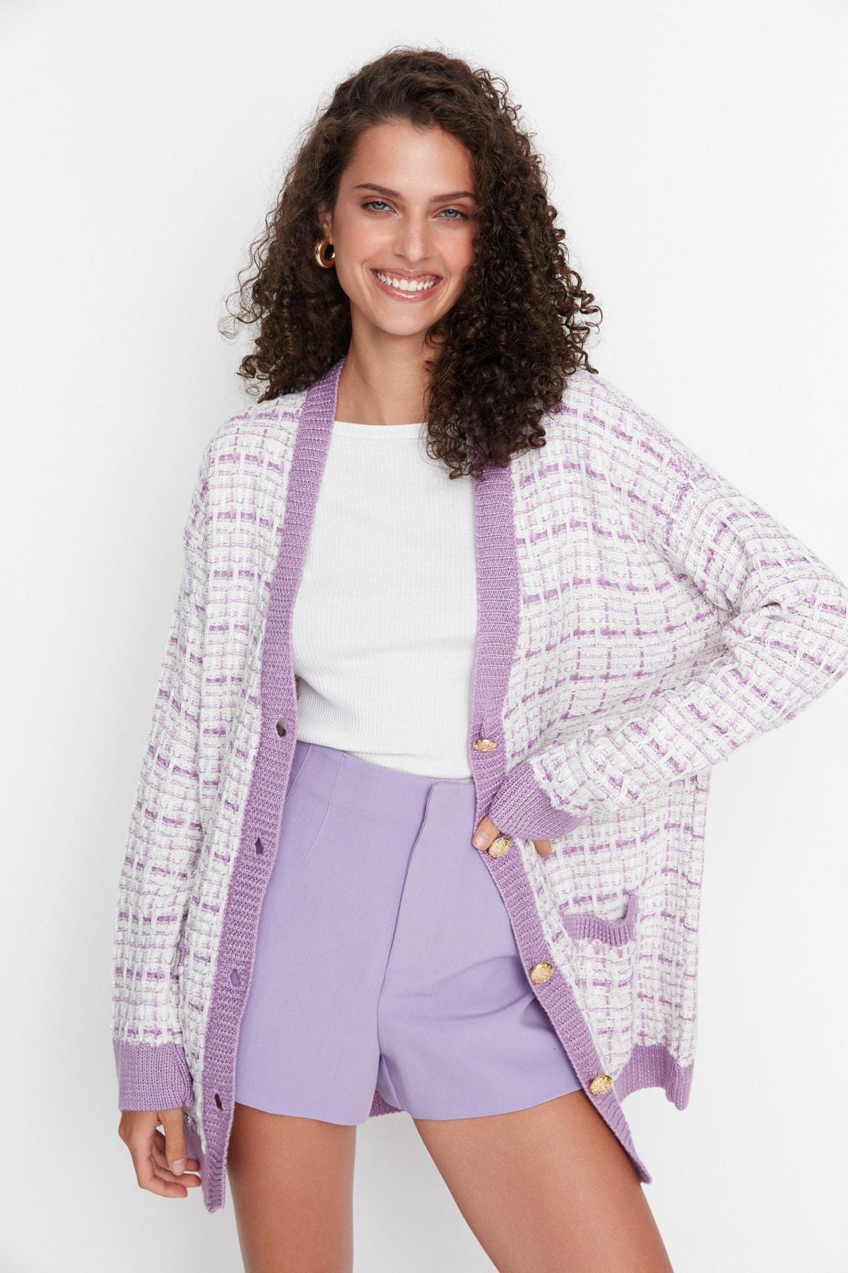 Purple Oversize V Neck Cardigan, Purple, large image number 1