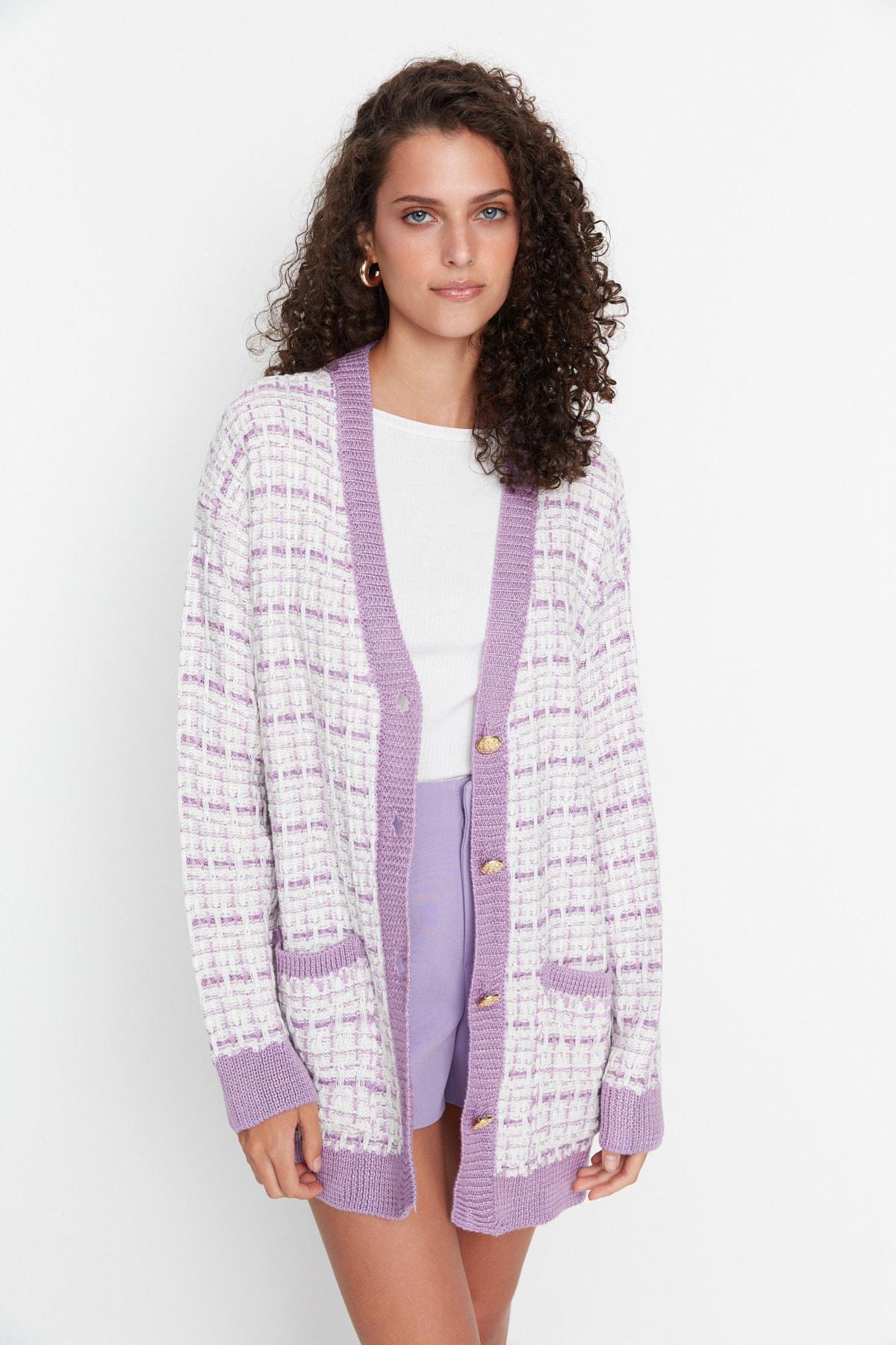 Purple Oversize V Neck Cardigan, Purple, large image number 2