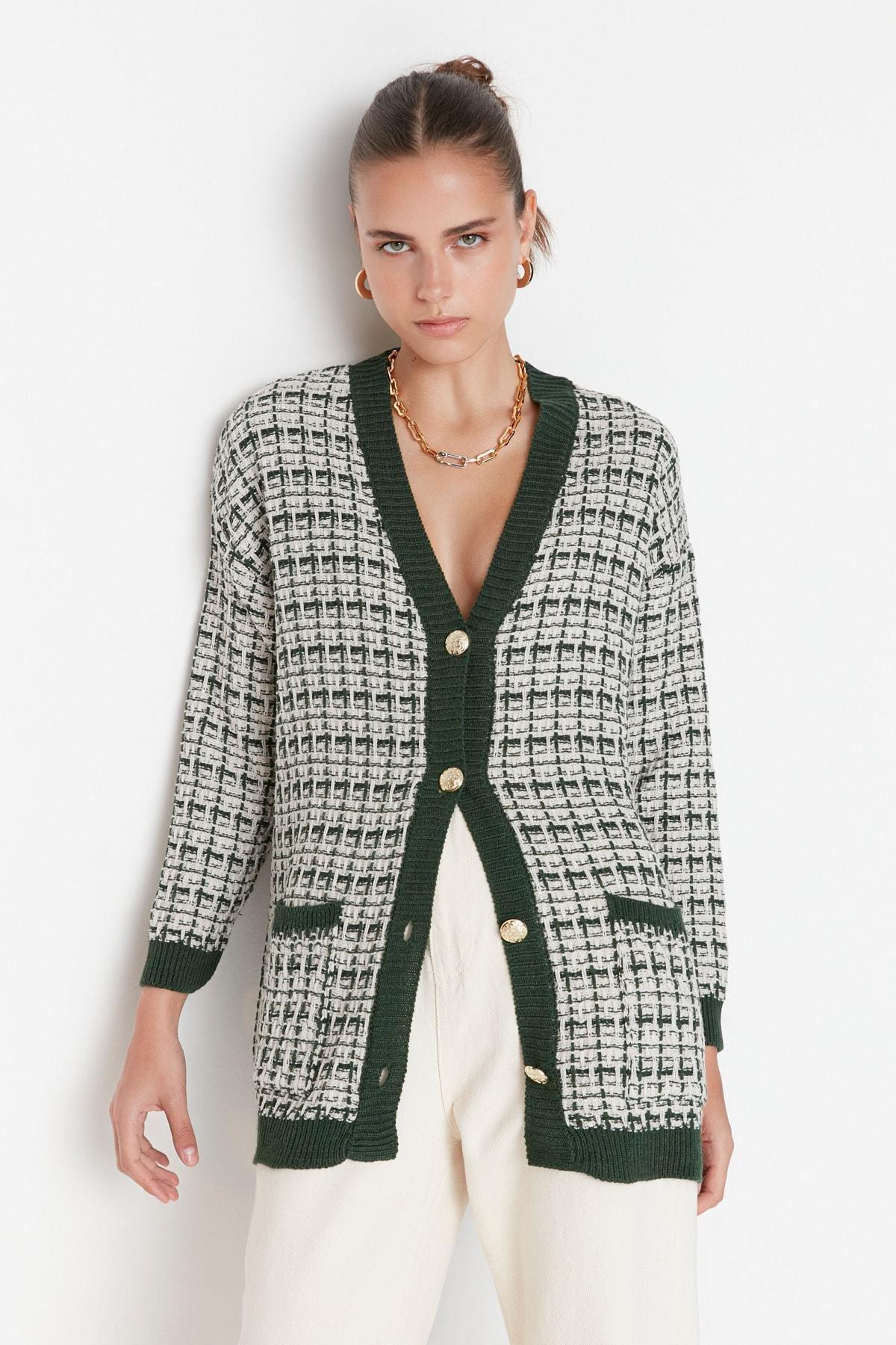 Trendyol Green Wide Fit Tweed Look Silvery Knitwear Cardigan