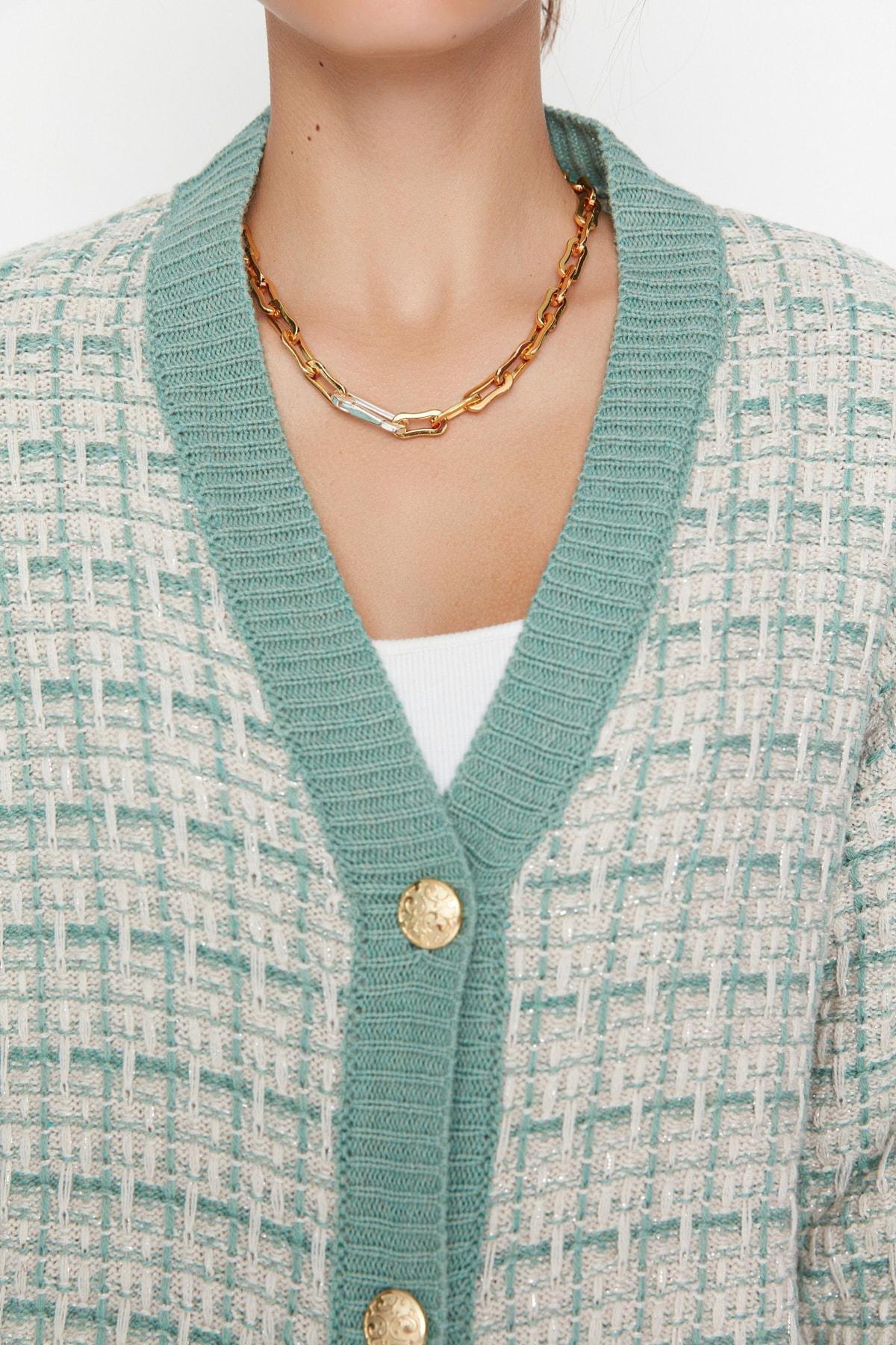 Trendyol Green Wide Fit Tweed Look Silvery Knitwear Cardigan