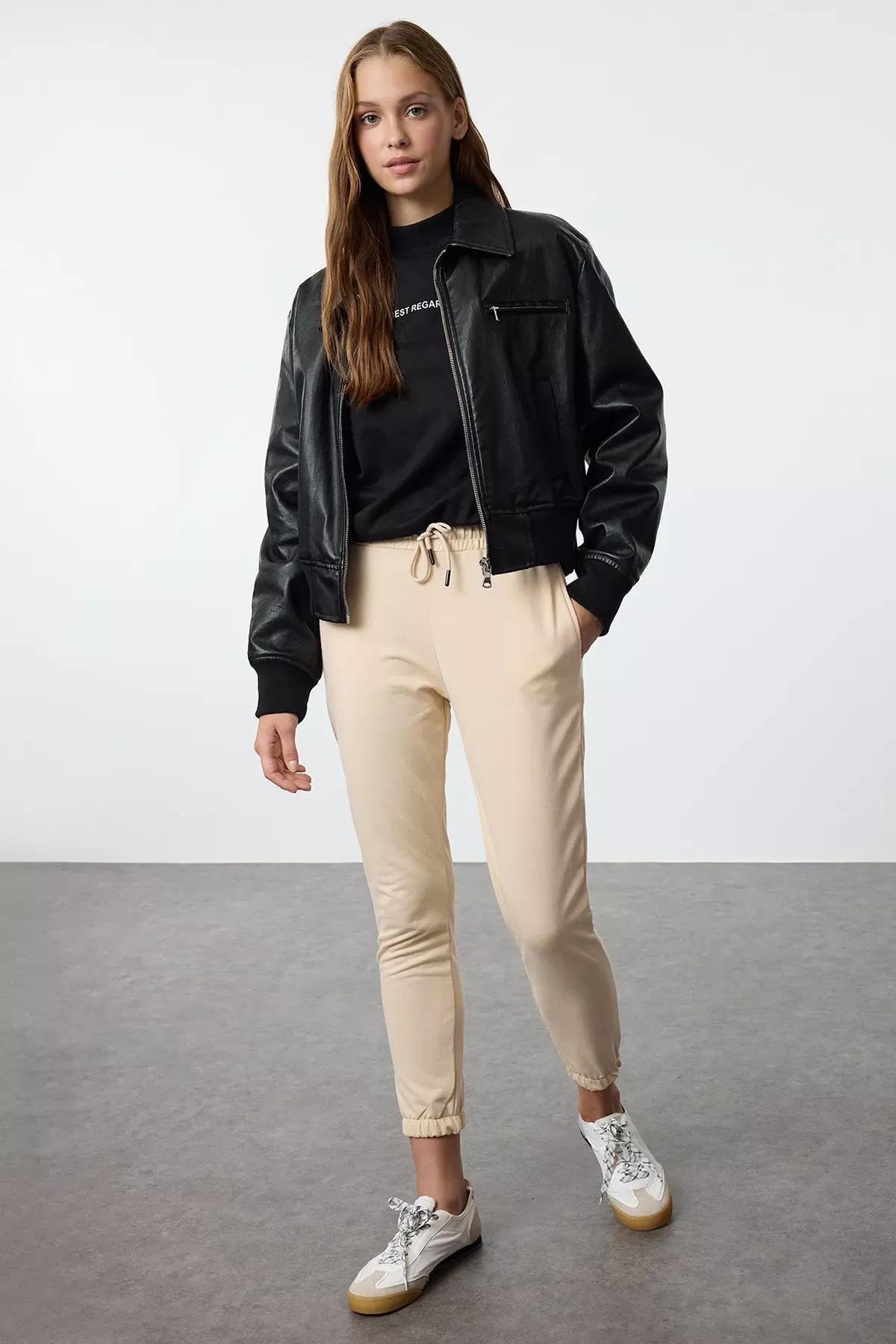 Beige Basic Jogger Knit Sweatpants, STONE, large image number 0