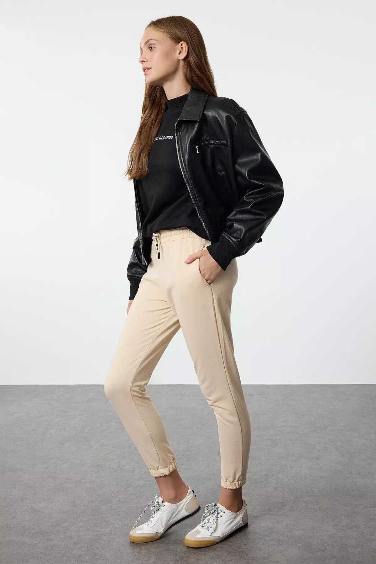 Beige Basic Jogger Knit Sweatpants, STONE, large image number 1