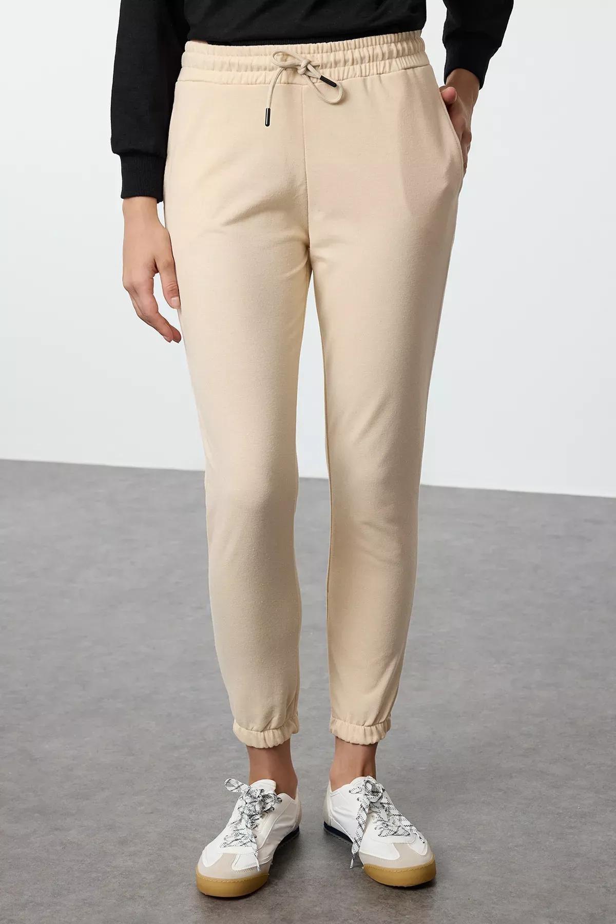 Beige Basic Jogger Knit Sweatpants, STONE, large image number 3