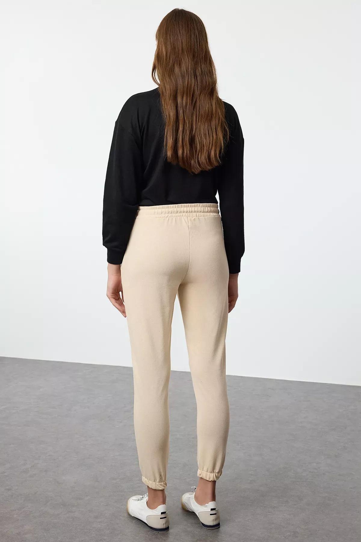 Beige Basic Jogger Knit Sweatpants, STONE, large image number 4