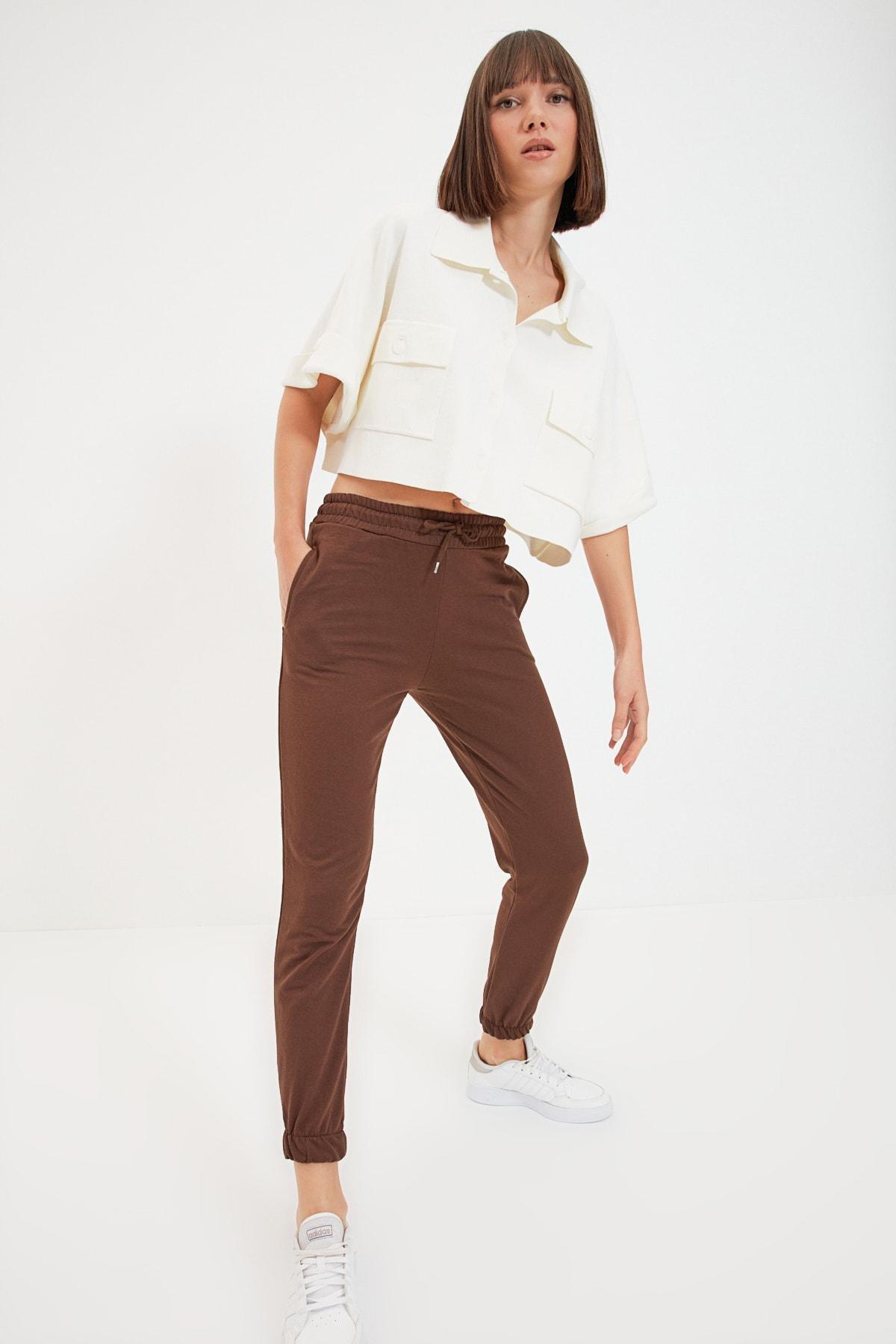 Brown Basic Knit Jogger Pants, , large image number 1
