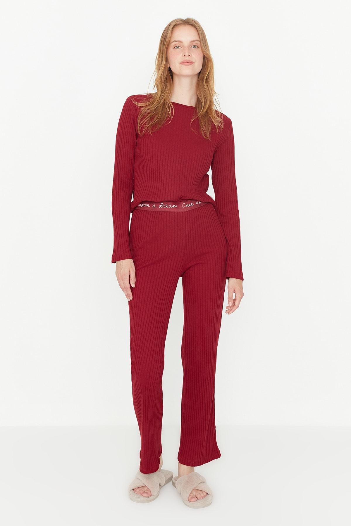Red Mid Waist Crew Neck Pajama Set, Burgundy, large image number 0
