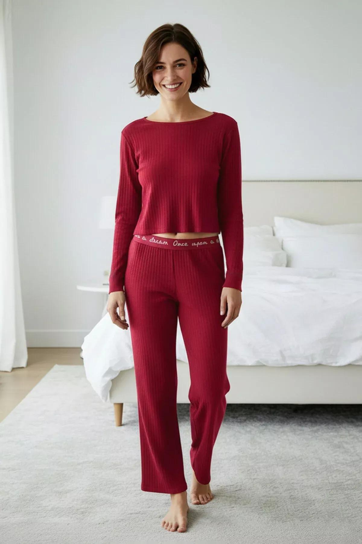 Red Mid Waist Crew Neck Pajama Set, Burgundy, large image number 1