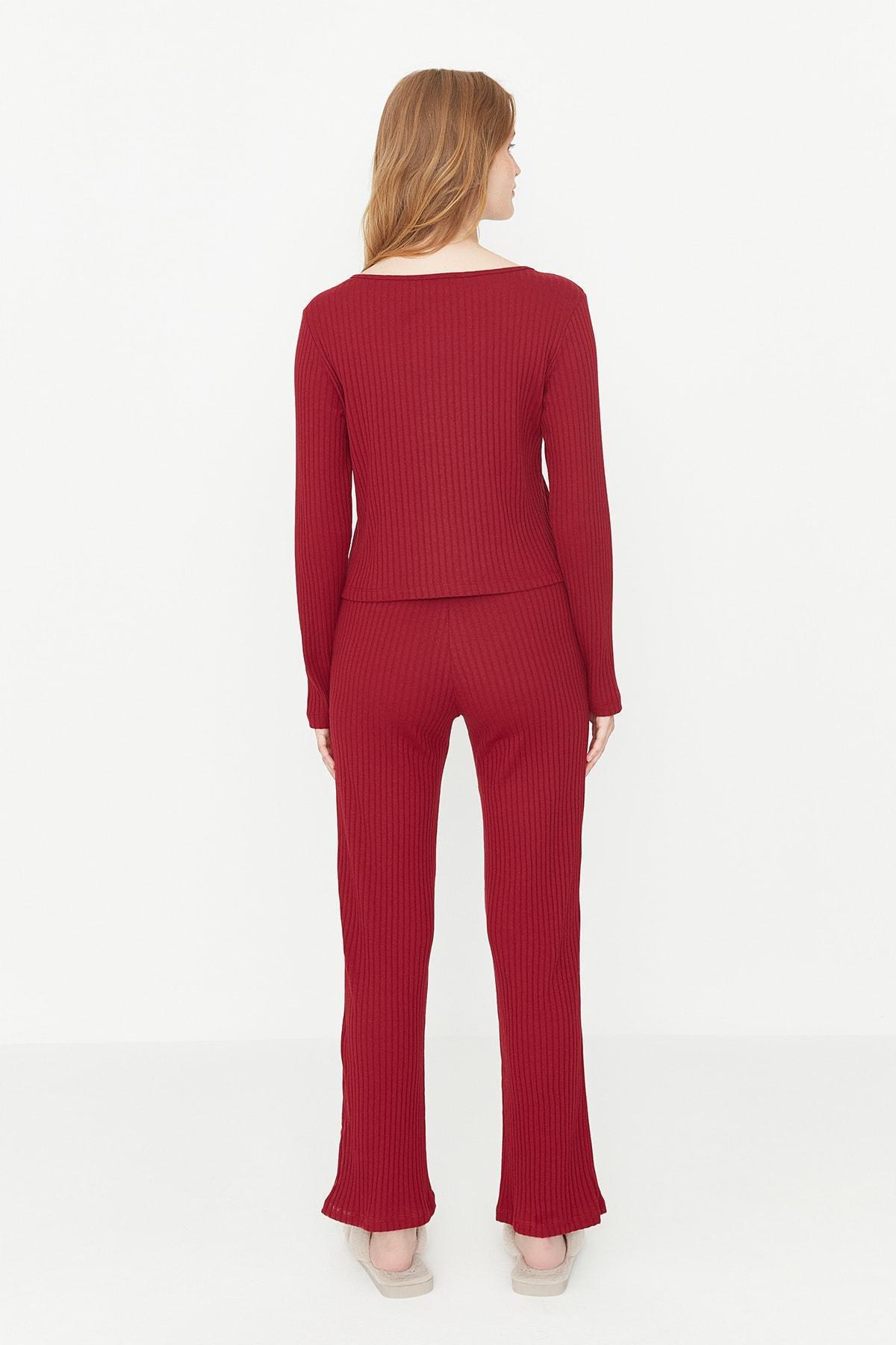 Red Mid Waist Crew Neck Pajama Set, Burgundy, large image number 5