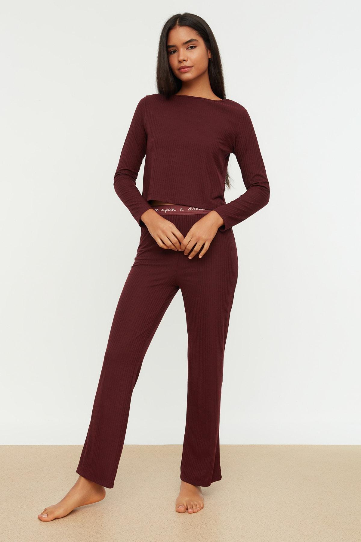 Red Mid Waist Crew Neck Pajama Set, Burgundy, large image number 6