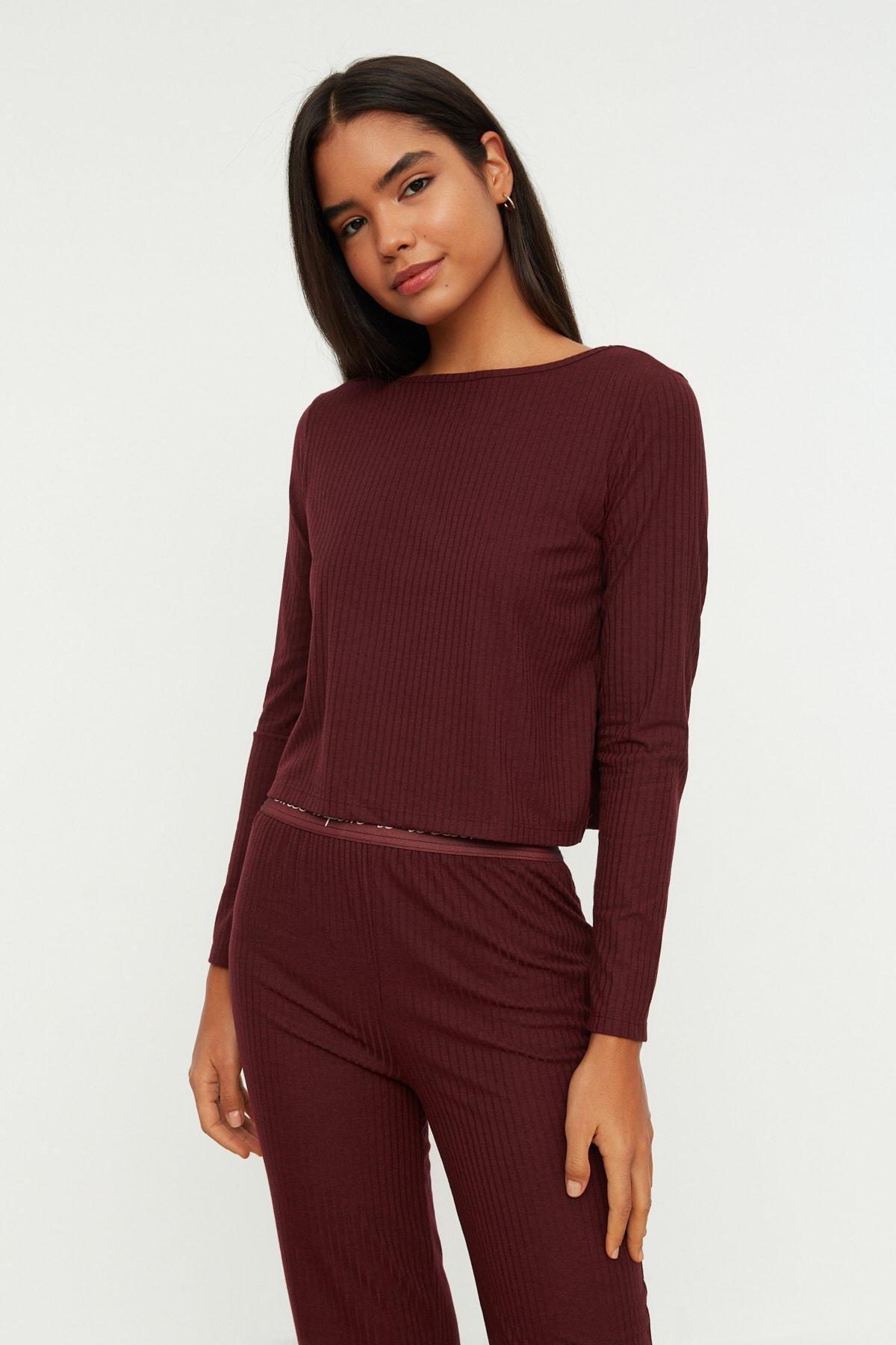 Red Mid Waist Crew Neck Pajama Set, Burgundy, large image number 7