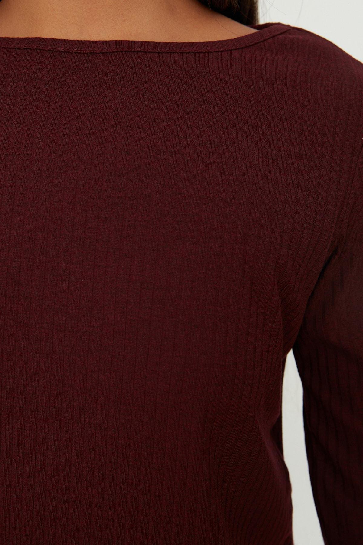 Red Mid Waist Crew Neck Pajama Set, Burgundy, large image number 8