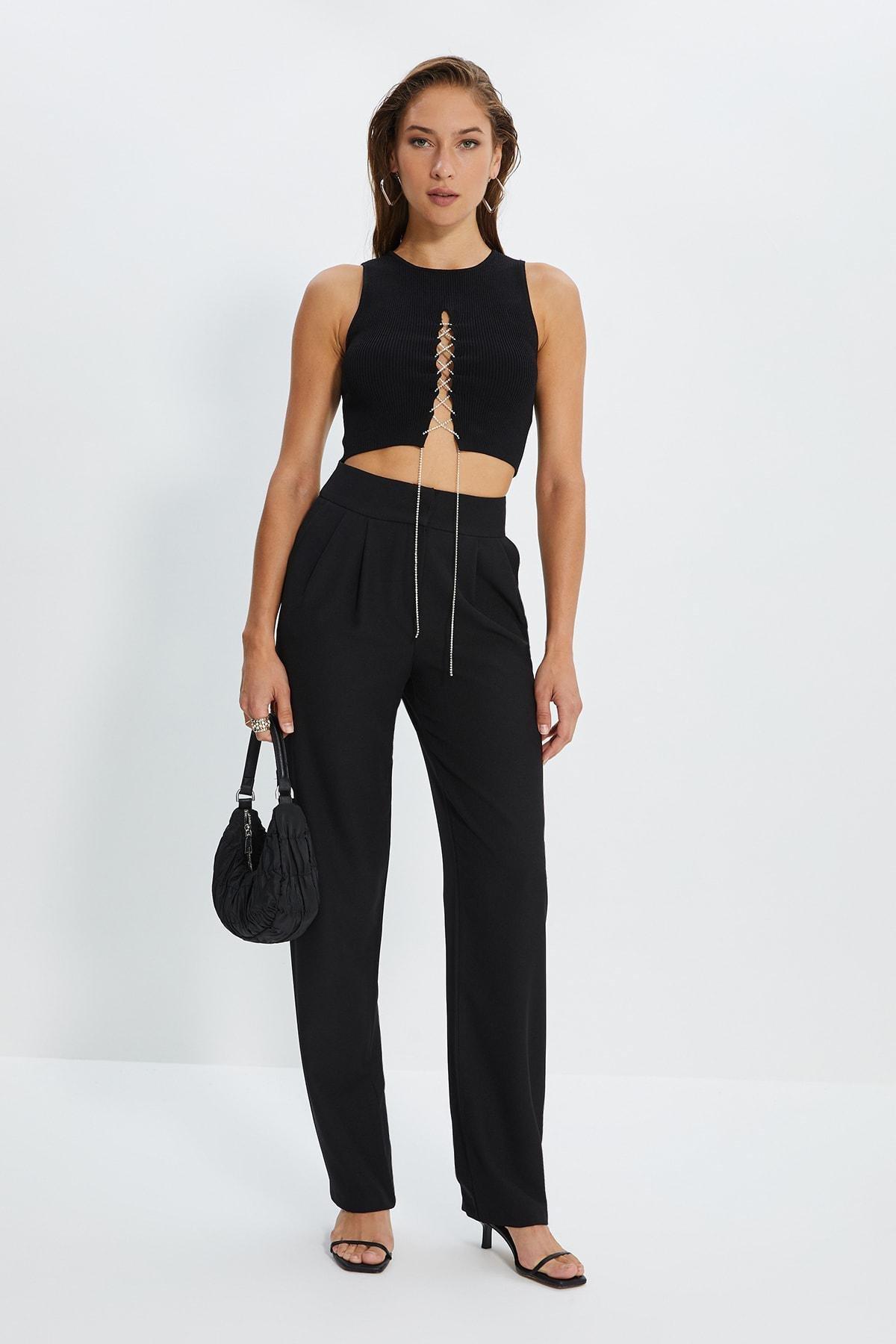 Black Straight High Waist Pants, , large image number 0