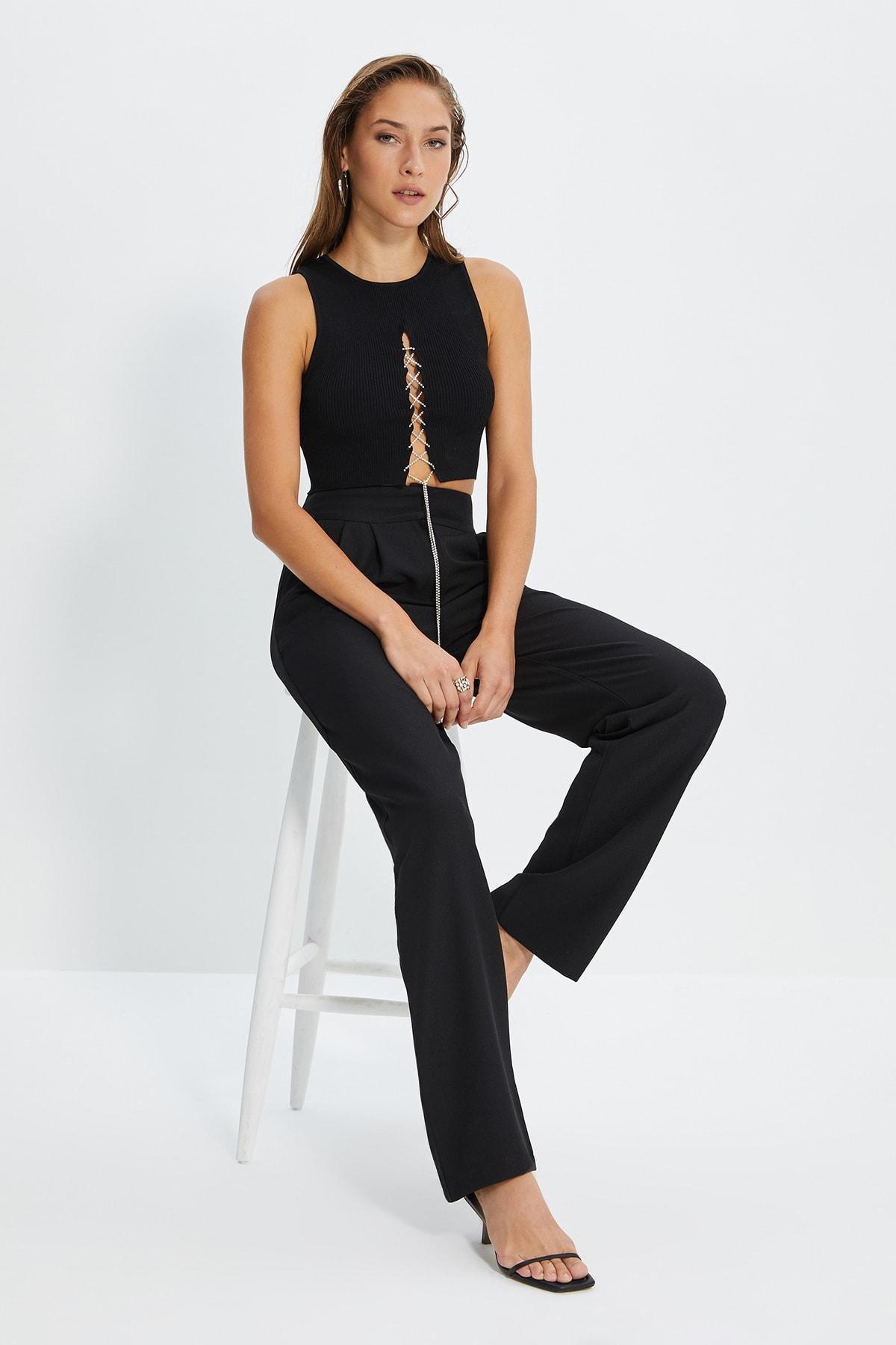 Black Straight High Waist Pants, , large image number 1